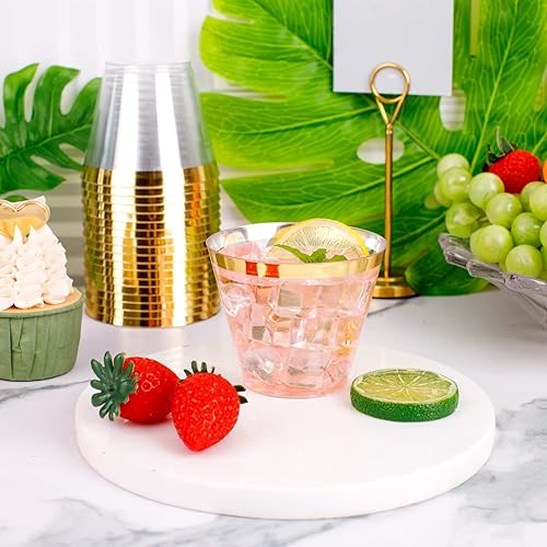 Miniatura 7 de WELLIFE 120 vasos de plástico dorados, vasos de plástico transparente de 9 onzas, vasos de vino desechables para fiestas