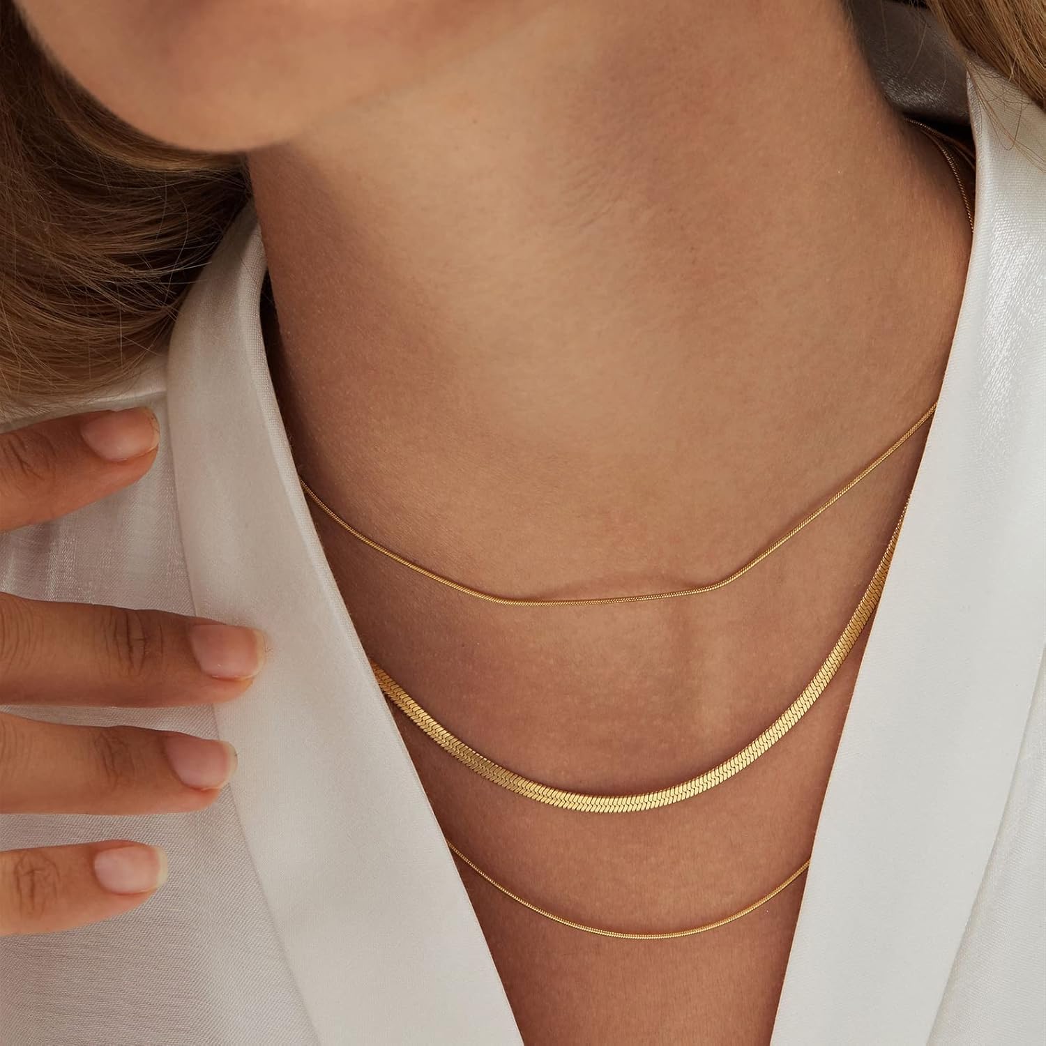 Miniatura 4 de Léwind Herringbone Chain Layered Necklace, 18K GoldSilver Plated Snake Chain Long Choker Necklace Dainty Chain Necklaces for Women Girls Gold