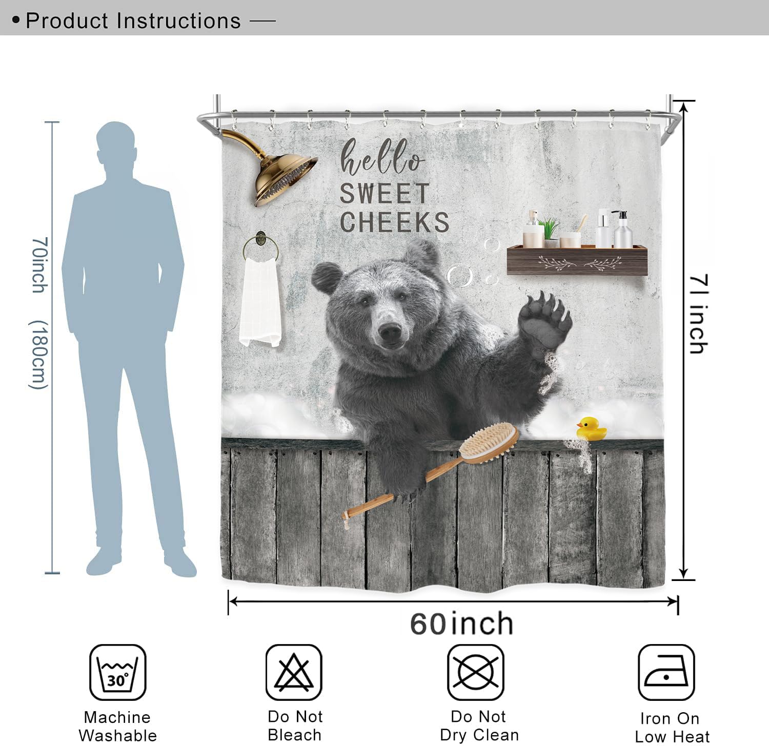 Funny Monkey Mountain Sunrise Shower Curtain - 60x72 Inch Waterproof Polyester, Rustic Wild Animal Silhouette Design, Includes 12 Hooks - View #12