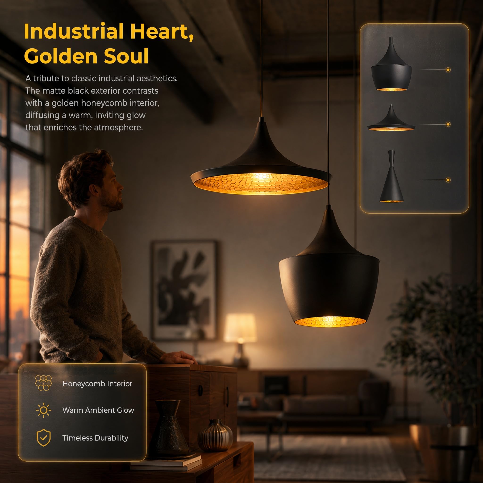 BARCELONA LED 3er Set Skandinavische Pendelleuchten SOLVANG HELGA KOLDING | Aluminium, Schwarzmatt, Goldene Innenseite, E27 Bis 40W, Höhenverstellbares Kabel, Warmes Licht