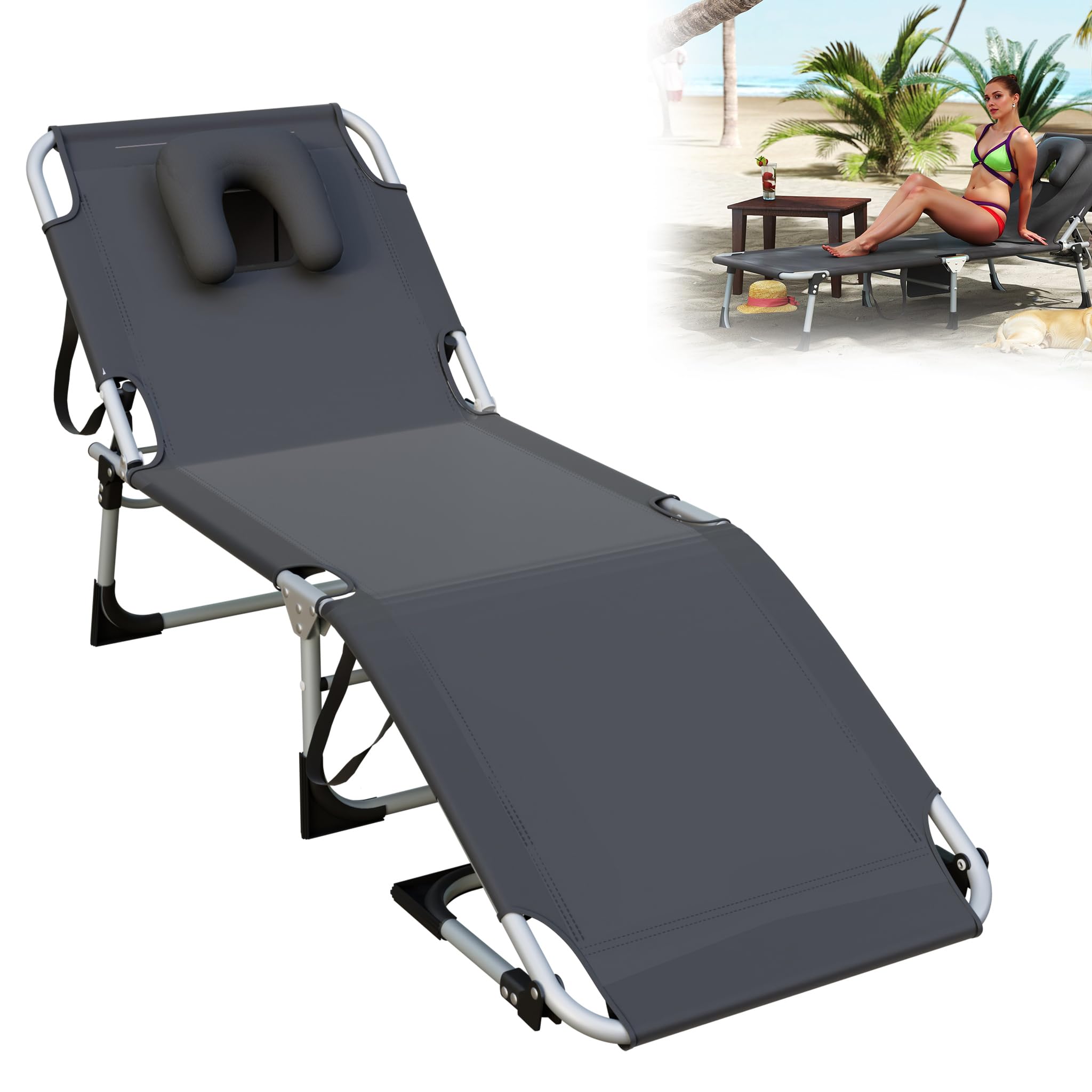 YRHome Klappbare Sonnenliege mit Loch für Kopf - 4-Fach verstellbare Gartenliege & Strandliege - Mit praktischem Tragegriff für Camping, Terrasse & Strand Relaxliege für Sonnenanbeter Dunkelgrau