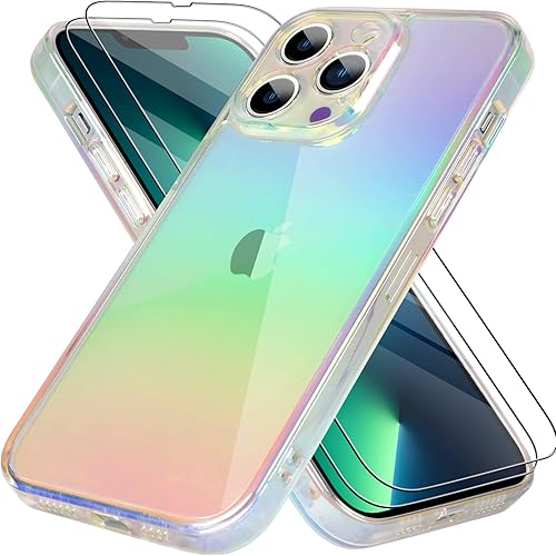 Bonoma Funda compatible con iPhone 13 Pro con cristales iridiscentes fluorescentes brillantes de lujo, protector de cámara + 2 protectores de