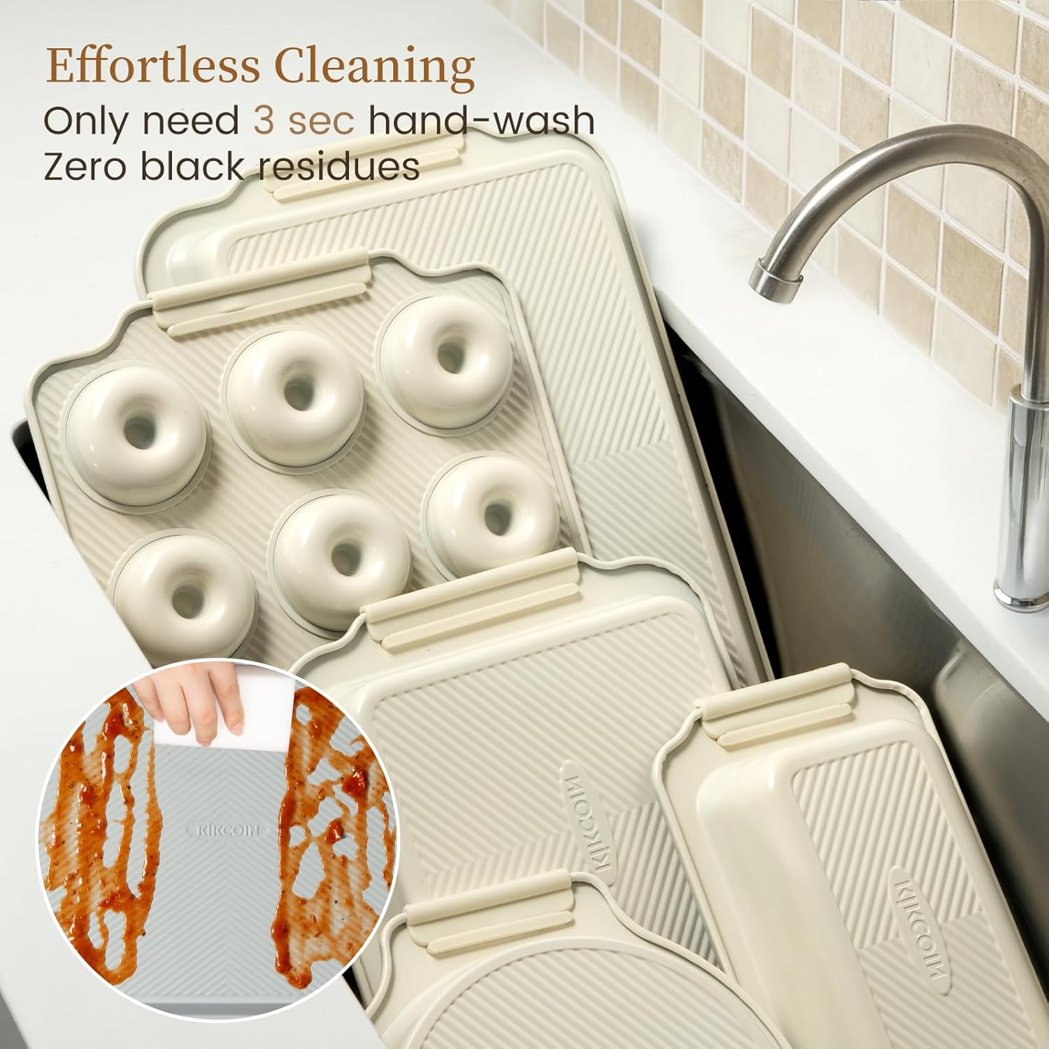 Kikcoin 25 PCS Stackable Baking Pans Set, Non-stick Bakeware Sets with Silicone Handles, 450°F Oven Safe Cookie Sheets for Baking, Easy Release Heavy-duty Baking Sheets Non Stick, Cream - Image 6