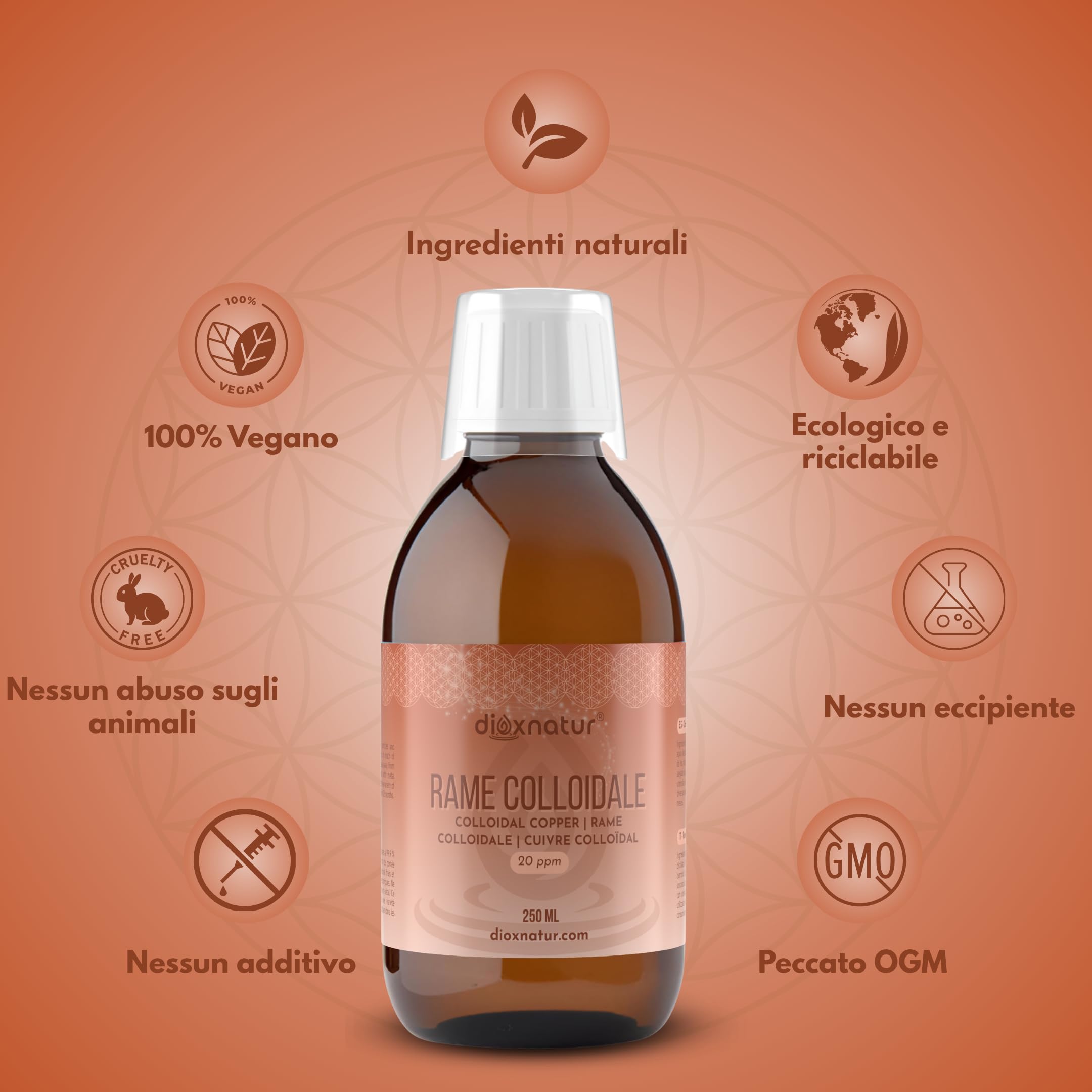 Rame colloidale 250 ml - Soluzione liquida 20 ppm - Purezza 99,99%