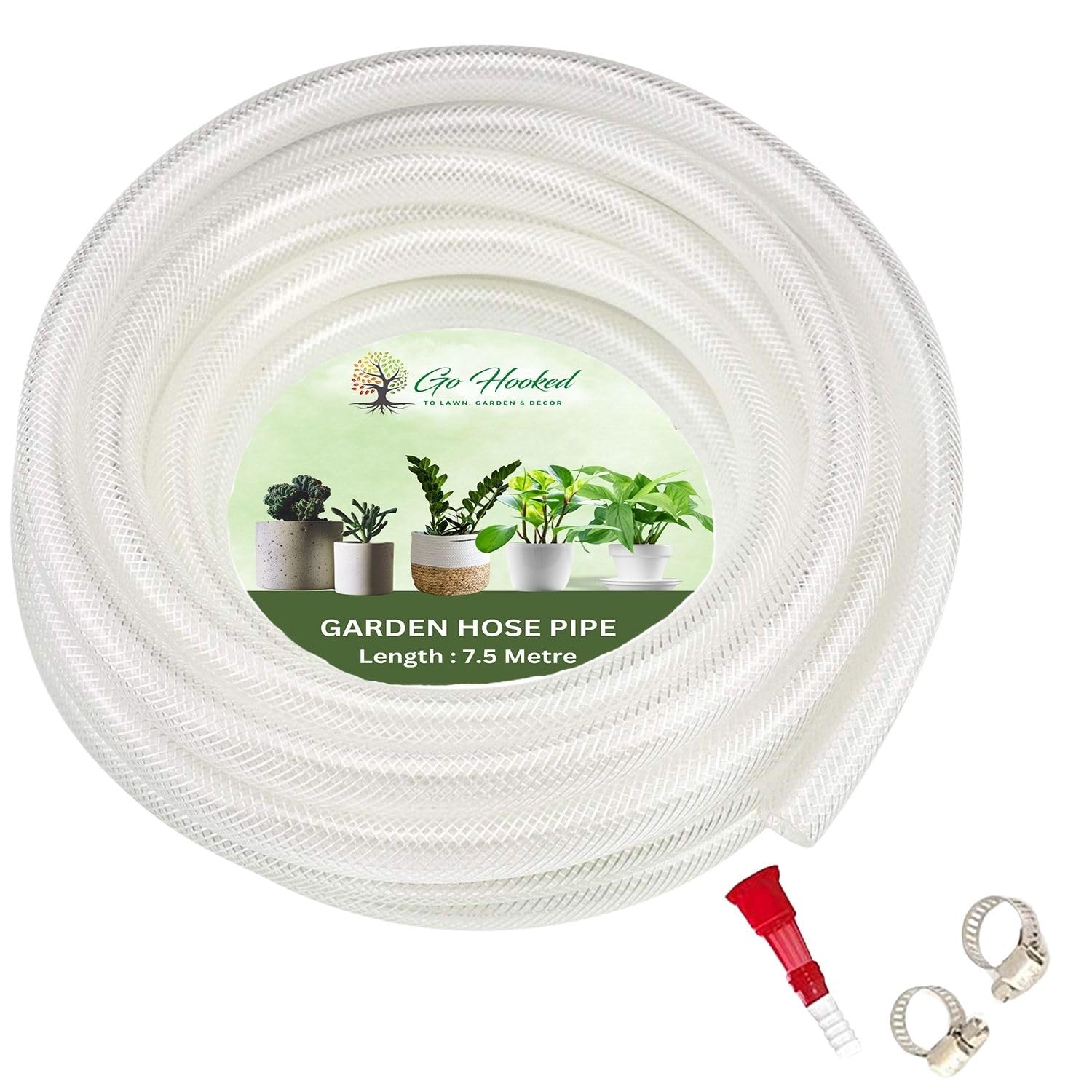 Go Hooked Garden Braided Water Pvc Clear 7.5 Metre Hose Pipe with Hose Connector with 2 Clamps for Watering Home Garden Flower Plants.
