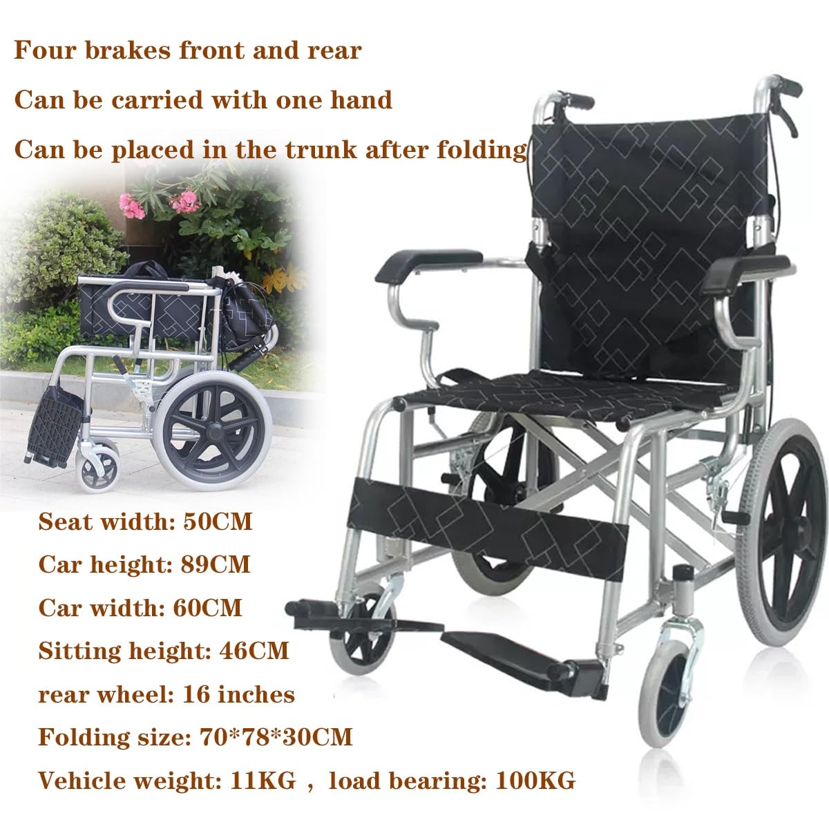 Silla de Ruedas Manual Multifuncional, sillas de Ruedas for Adultos con antivuelco, no Requiere ensamblaje Sillas de Ruedas for Adultos, reposapiés abatibles, reposabrazos Ajustables