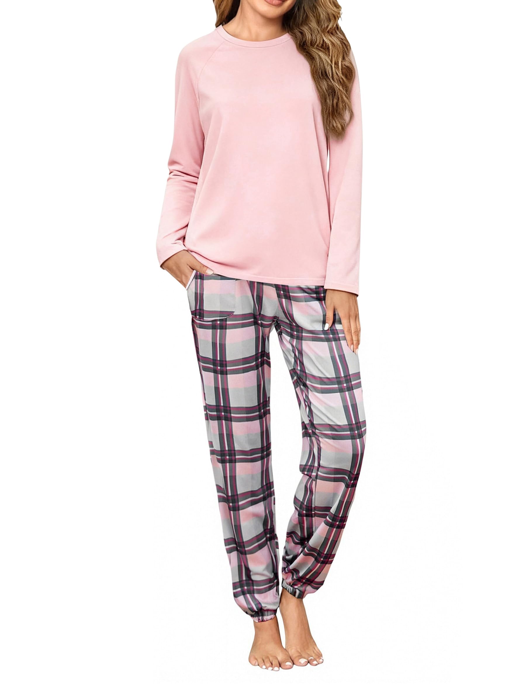 Uniexcosm Schlafanzug Damen Lang Zweiteiler Pyjama Set Rundhals Oberteil und Karierte Pyjamahose Herbst Winter Loungewear für Frauen A:Rosa L