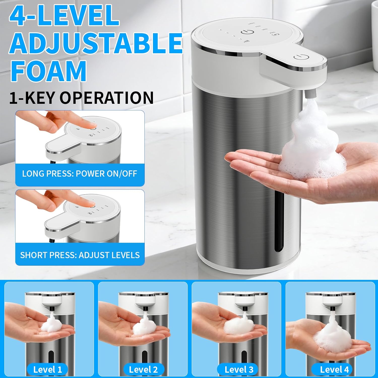Automatic Foaming Soap Dispenser Touchless, 304 Stainless Steel Hand Soap Dispenser, USB Rechargeable, 4 Adjustable Levels, 13.5 oz (400 ml), for Kitchen & Bathroom (White, Foam)