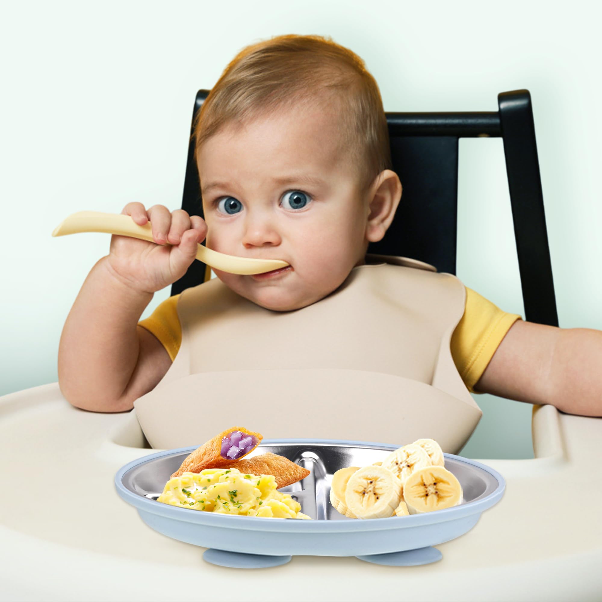 2 Pezzi Piatto Svezzamento Ventosa, Piatto con Ventosa per Bambini, Senza BPA, Piatti Svezzamento con Telaio Rimovibile, Piatto Ventosa Svezzamento, Piatti Acciaio Inox Bambini