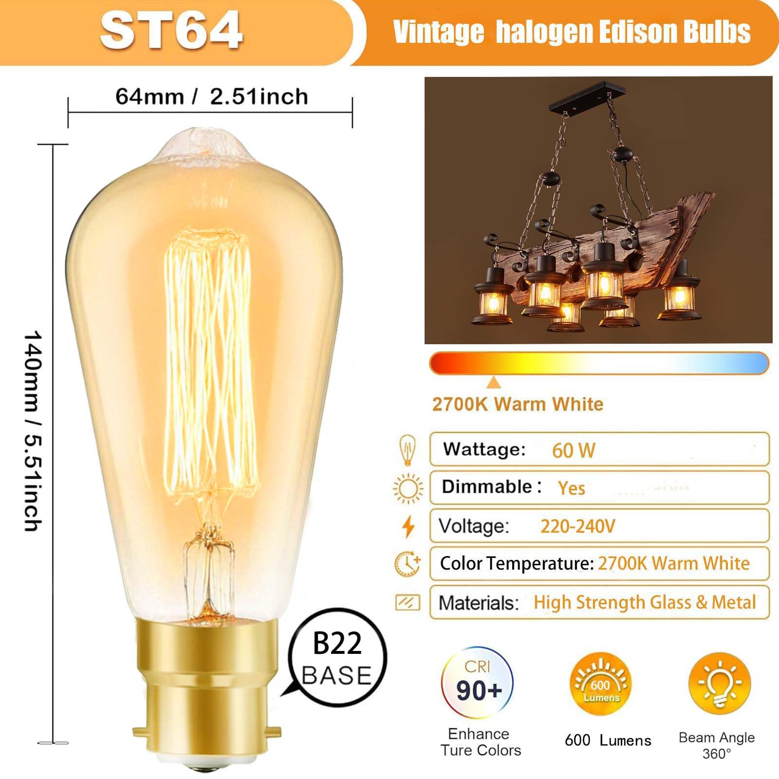 JQslight B22 Vintage Edison Light Bulb,ST64 Industrial Style Bayonet Filament Bulbs 60W,2700K Warm White Dimmable,600lm - Image 2