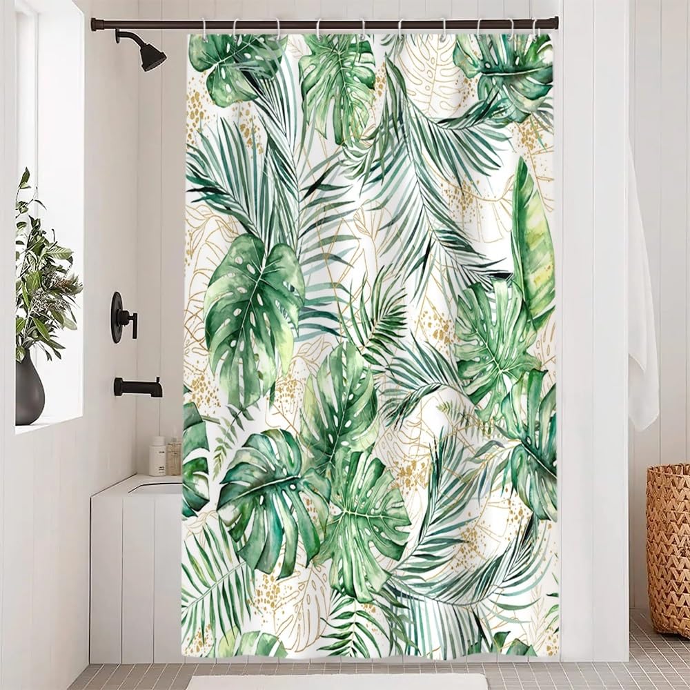Uiiooazy Cortina de Ducha de Hoja Eucalipto, Cortinas de Ducha Verde Oro Abstracto Planta Cortinas de Baño Antimoho Impermeable Lavable Tejido de Poliéster Cortina Ducha con Ganchos 90x180cm — view 312