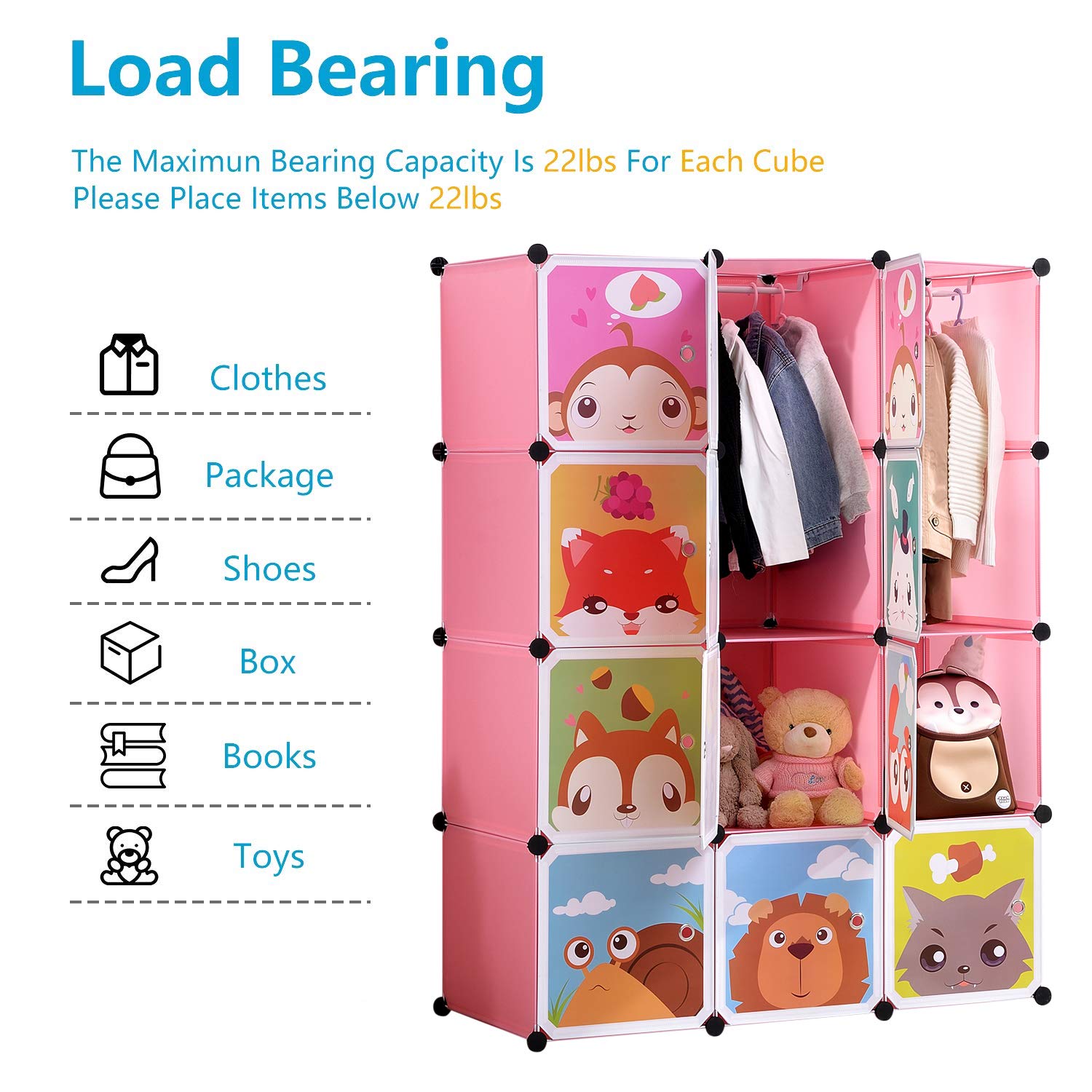 BRIAN & DANY Kinderregal Kinder Kleiderschrank Stufenregal Bücherregal mit Türen & 2 Aufhängern, tiefere Fächer als normal (45 cm vs. 35 cm), 110 x 47 x 147 cm Rosa