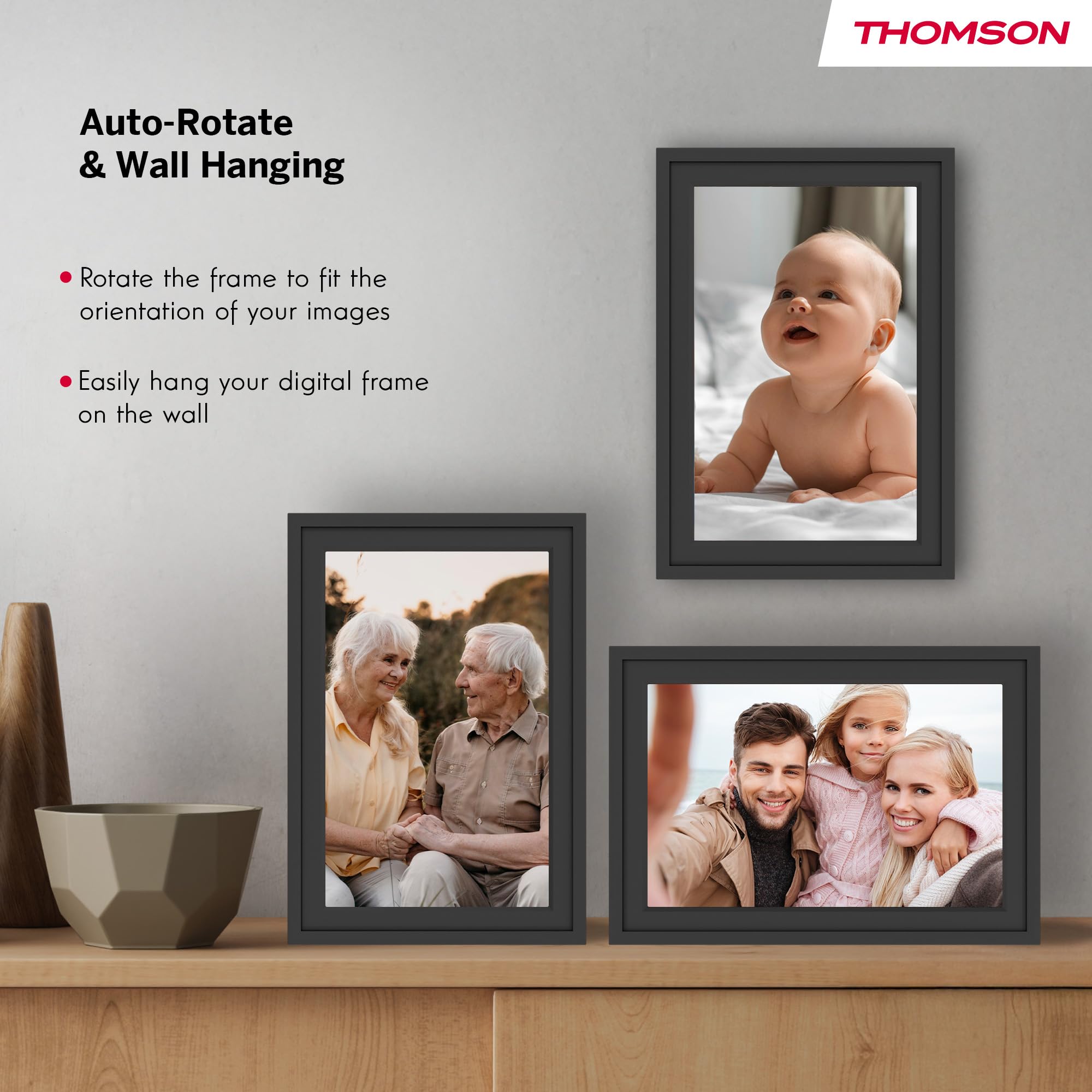Thomson Cadre Photo Numérique 10 Pouces, Écran IPS, Écran Tactile HD, WLAN, Partage Direct Via App, Fonctions Intelligentes, Cadre Photo Électronique avec 32 Go de Mémoire, Rotation Automatique