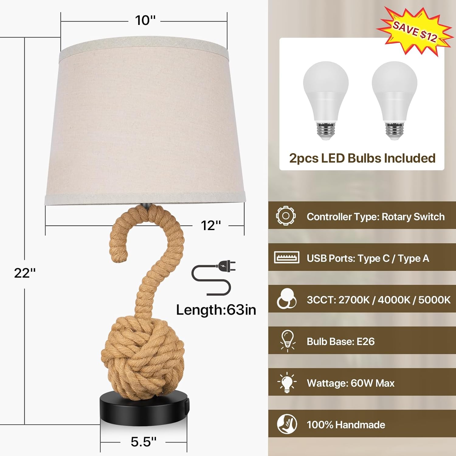 22" Rope Lamp Set of 2, Boho Table lamps for Night Stands, 3-Color Temperatures Rattan Lamp with Rotary Switch USB Ports, Boho Lamps for Bedrooms, Farmhouse Lamps for Living Room, 2 Bulbs Included