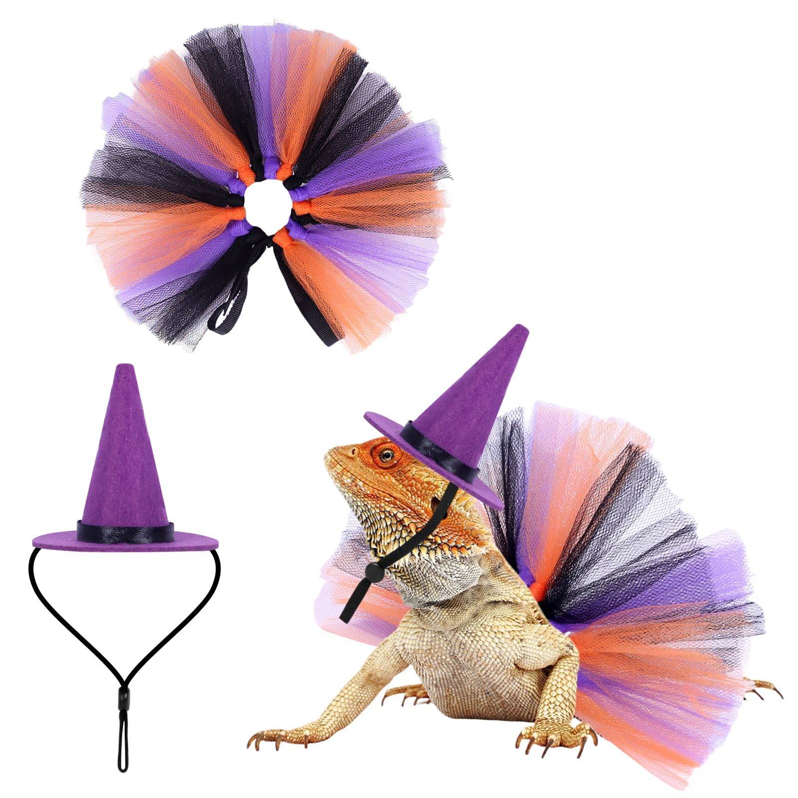 Fnaobai 2pcs Bearded Dragon Witch Costume Set Small Pet Adjustable Hat Bow Tutu Skirt Outfits for Lizards Guinea Pigs Bunny Ferrets for Celebrations Halloween Parties (Purple)