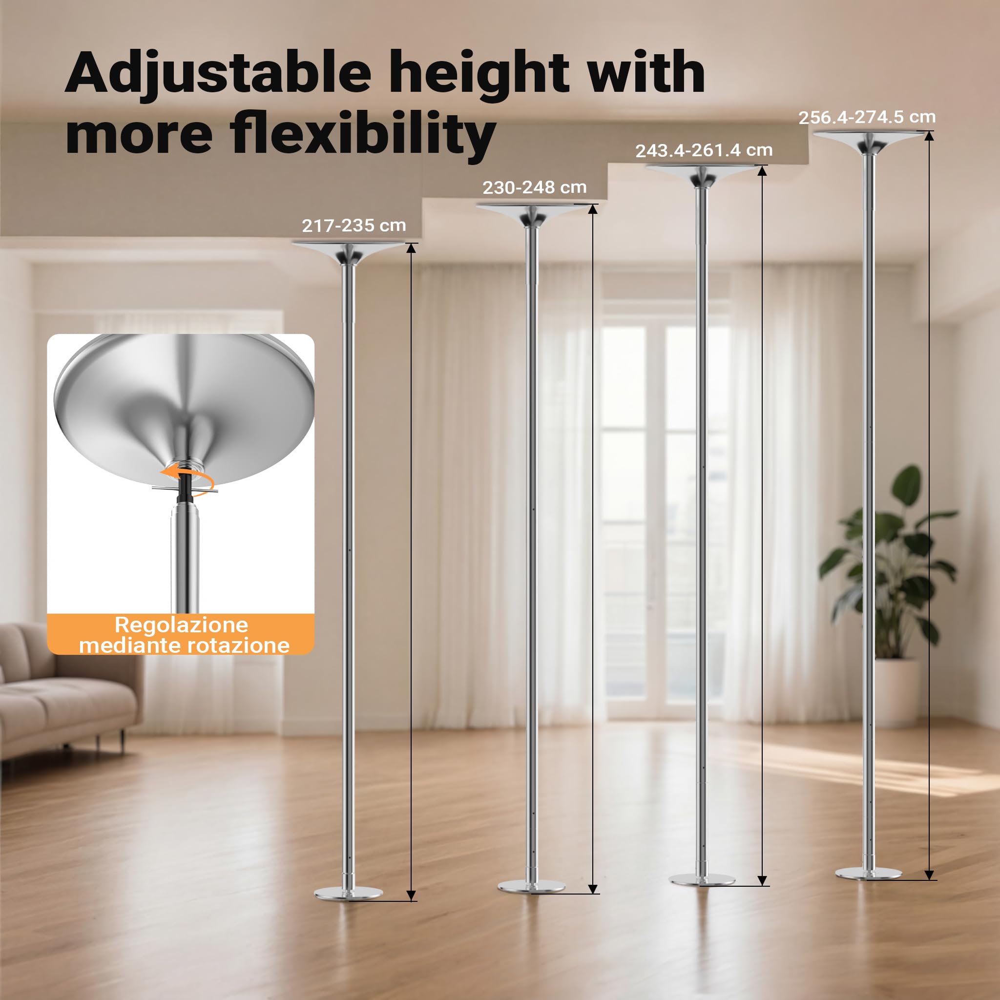 Wiltec Palo da Pole Dance Ø 45 mm Altezza Regolabile 2,31-2,74 m in Acciaio Non Richiede Fori