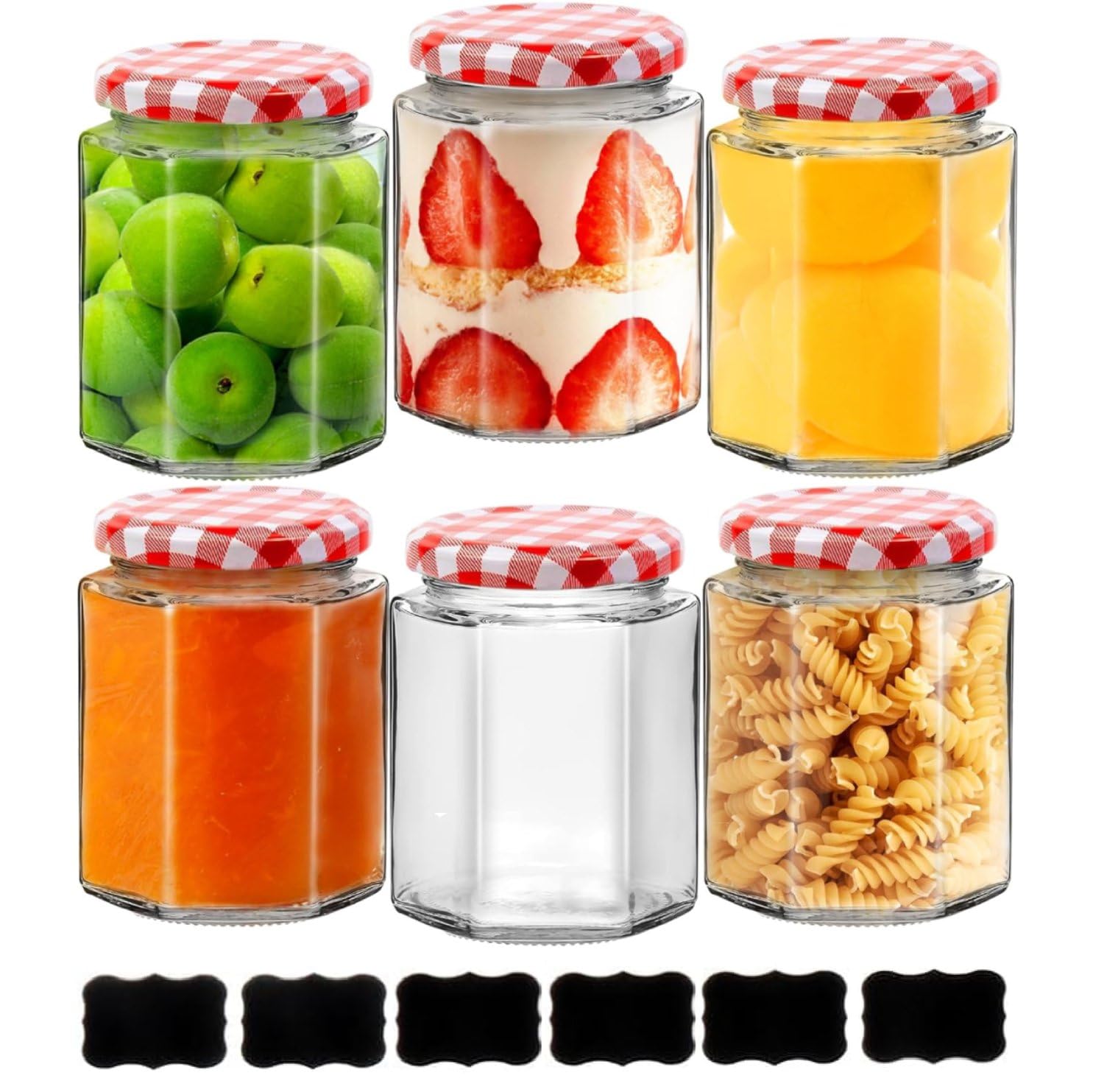 Glass Jam Jars 280ml (9oz) with Red Gingham Lid & Labels - Hexagonal Preserving Jars with Airtight Seal - Clear Storage Jars for Homemade Jam, Pickles, Chutney, Honey, Coffee & Bulk Foods - 6 Set
