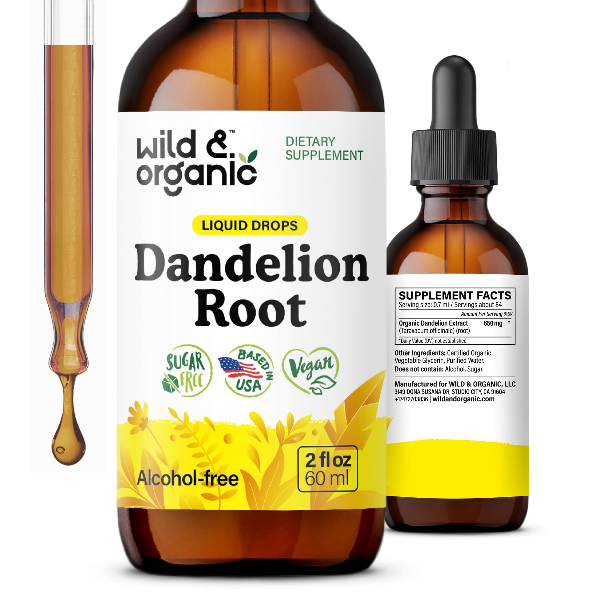 Wild & Organic Dandelion Root Supplement - Liver Detox Cleanse Support - Dandelion Root Tincture - Herbal Liver Supplement - Vegan, Sugar & Alcohol-Free Liquid Extract Drops - 2 fl oz