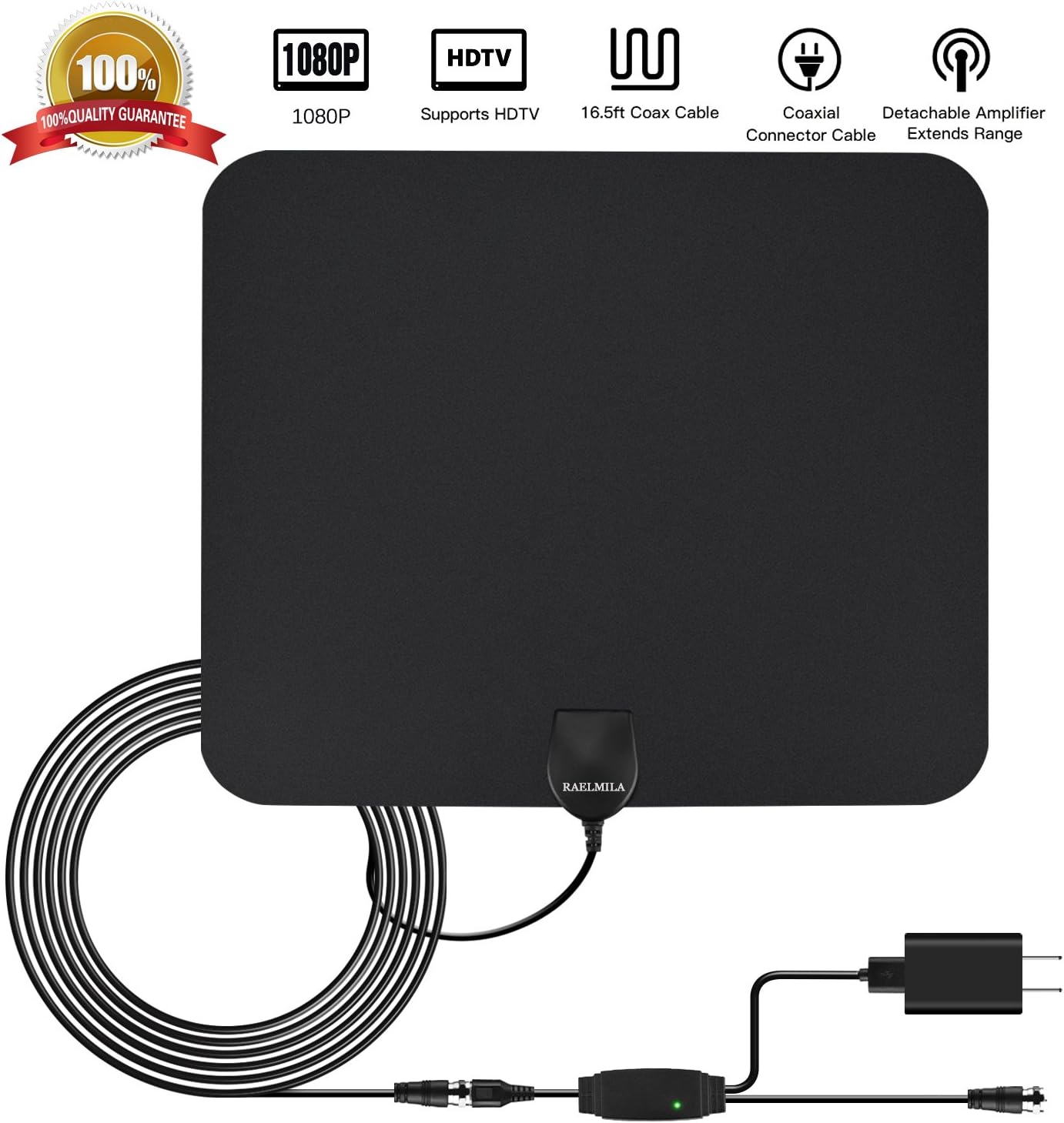 TV Antenna 50 Miles Range with Detachable Amplifier Signal Booster, RAELMILA Portable Indoor Digital HDTV Antenna 16.5FT Coax Cable Support HD 1080P High Reception, Super Thin for 0.02, Black