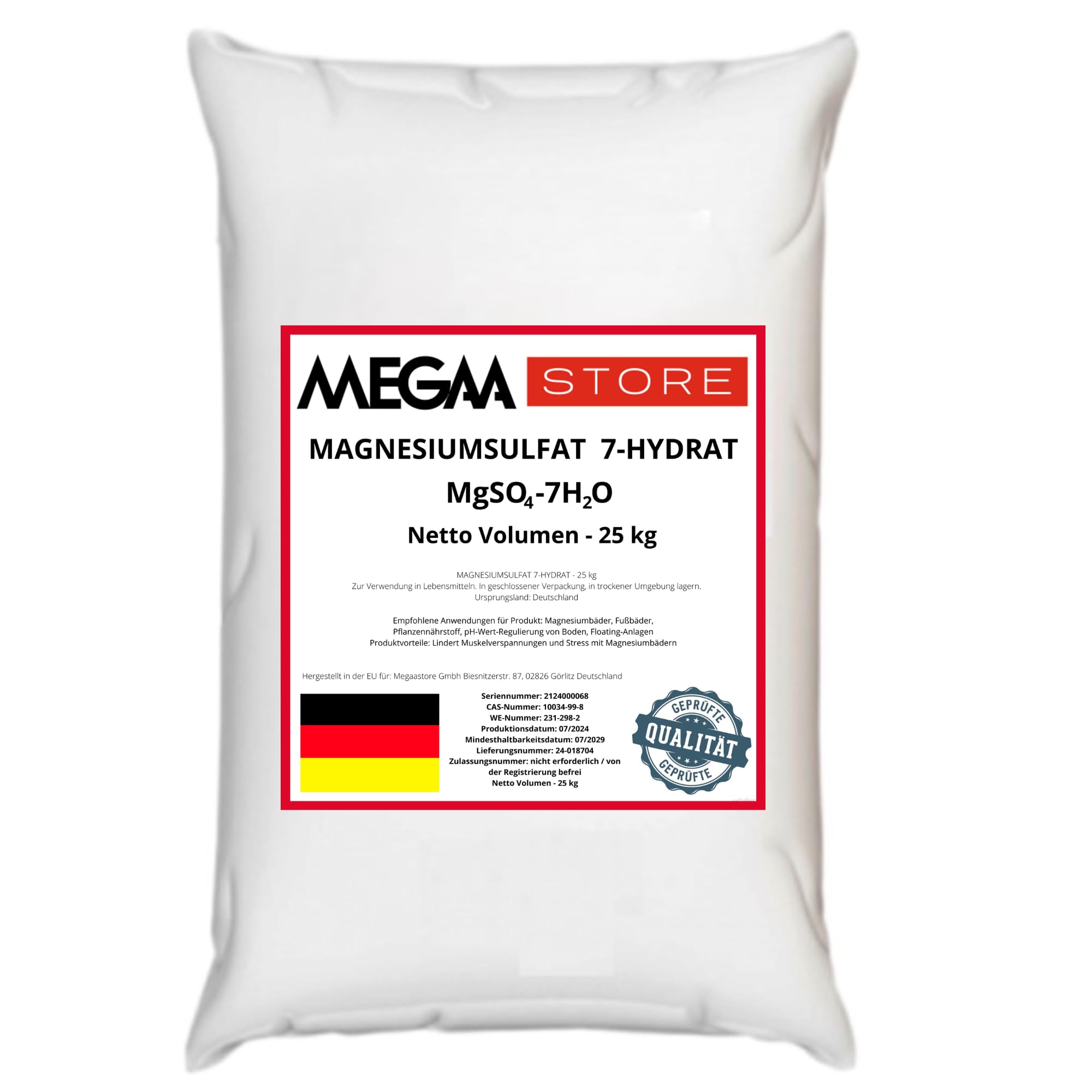 Megaa store Magnesiumsulfat Heptahydrate | 1kg bis 25kg | Natürliches Salz Epsom Salz Badesalz Bittersalz Konzentrierte Magnesium quelle Magnesium Bäder