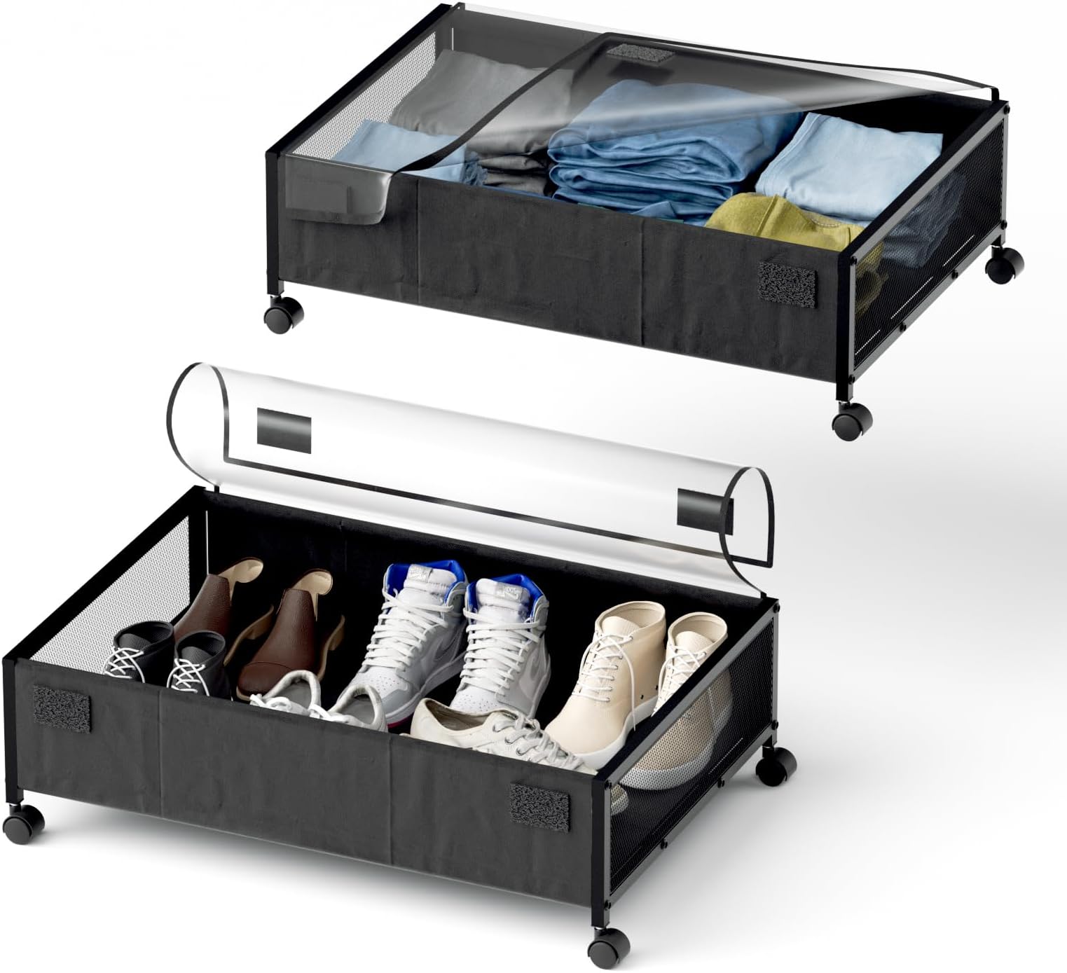 2 Pcs 52L Underbed Storage, 18.5cm High Under Bed Storage Box With Clear Lid, Under Bed Storage Organiser With Wheels, Heavy Duty Metal Underbed Shoe Storage For Shoes Clothes Toys Snacks Books