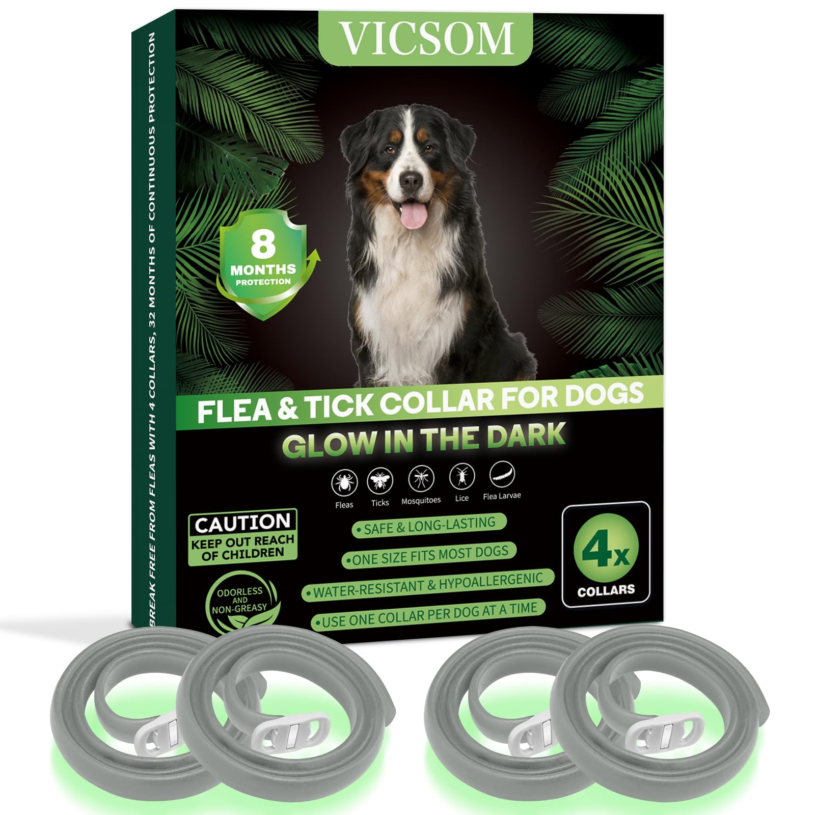Collares Antiparasitario para Perros, Luminoso Collar Antipulgas Perros, Collar de Pulgas y Garrapatas para Perro Impermeable Regulable, Válido 8Meses para Perros de Todos los Tamaños 4Pcs Gris