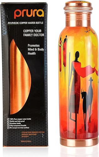 PRURA Botella de agua de cobre Atractivo diseño floral negro botella de agua de cobre a prueba de fugas con tapa, recipiente de cobre, beber más