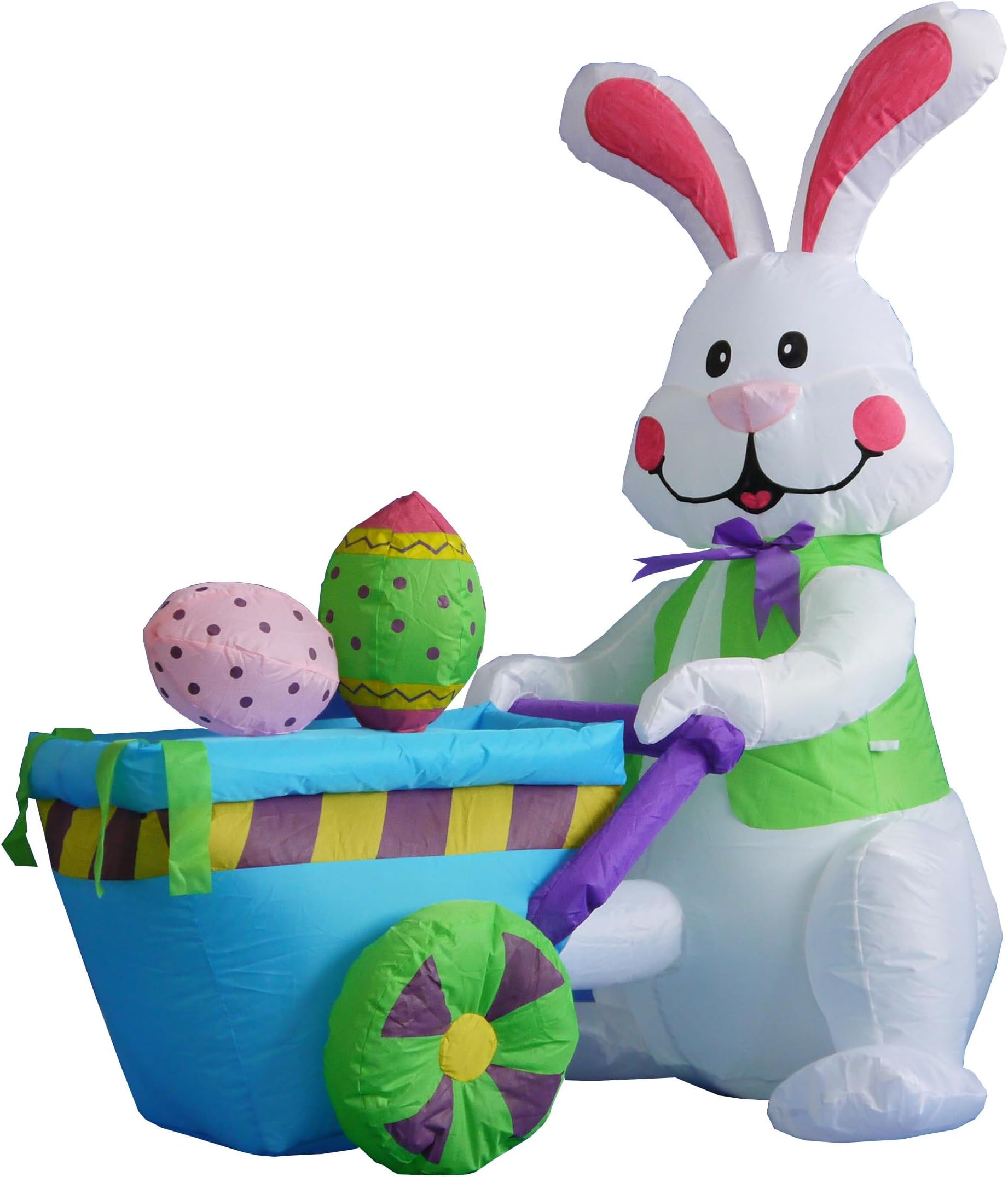 4 Foot Tall Easter Inflatable Happy Bunny Rabbit Pushing Cart with Two Eggs Pre-Lit LED Lights Outdoor Indoor Holiday Blow up Lighted Yard Lawn Home Family Outside Decor Party Decoration