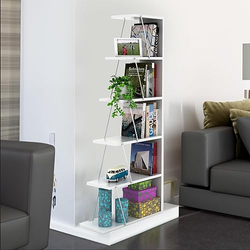 Petfu Librero de 5 niveles, estantería de escalera de madera, estantería abierta, estantería de estilo industrial vintage, estantería estrecha,