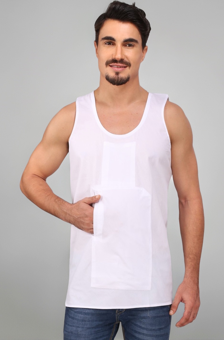 Men's White Cotton Travel Vest |2 Hidden Pockets | Sleeveless |
