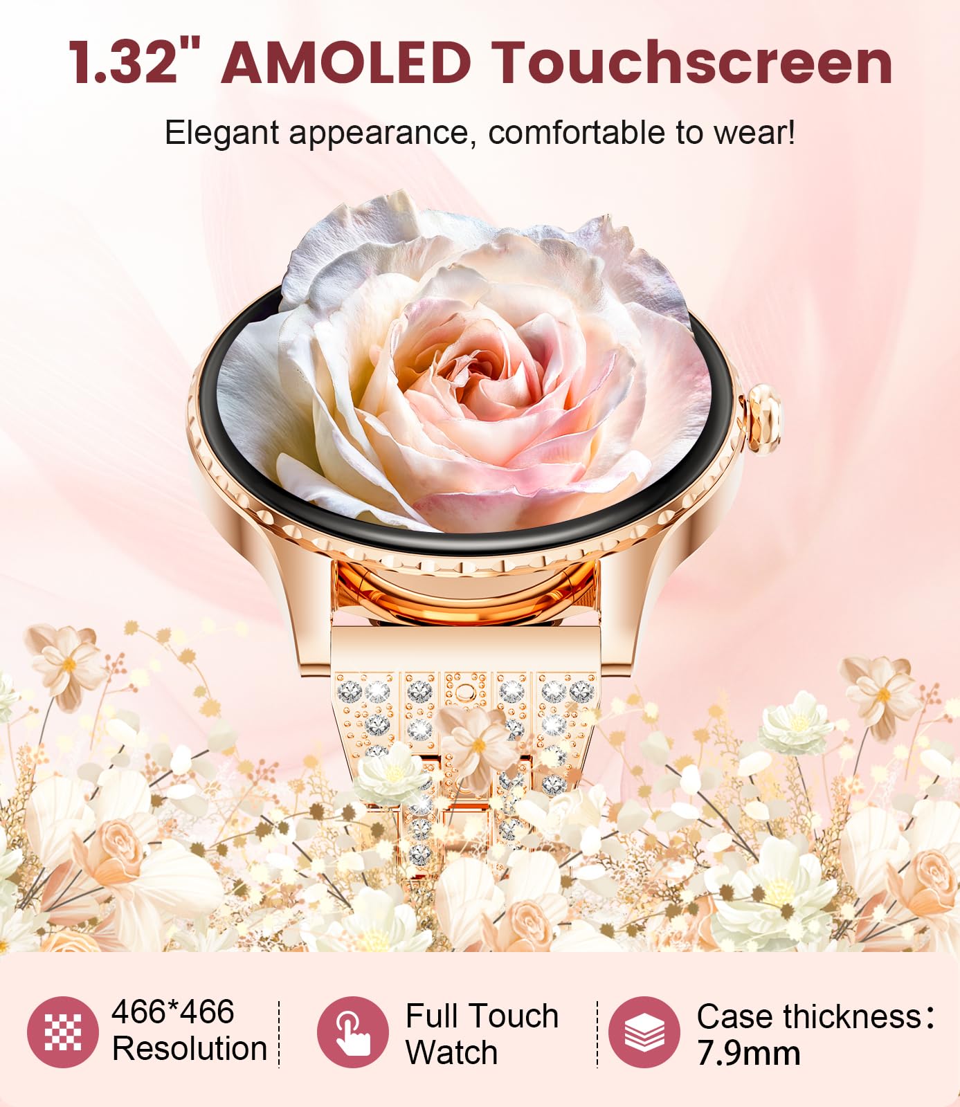 Smartwatch Donna Rotondo,1.32"Amoled Display/Chiamate Bluetooth, Orologio Smartwatch con Fisiologia Femminile/Frequenza Cardiaca/Sonno, 110+ Modalità Sportive IP68 per iOS Android Oro Rosa