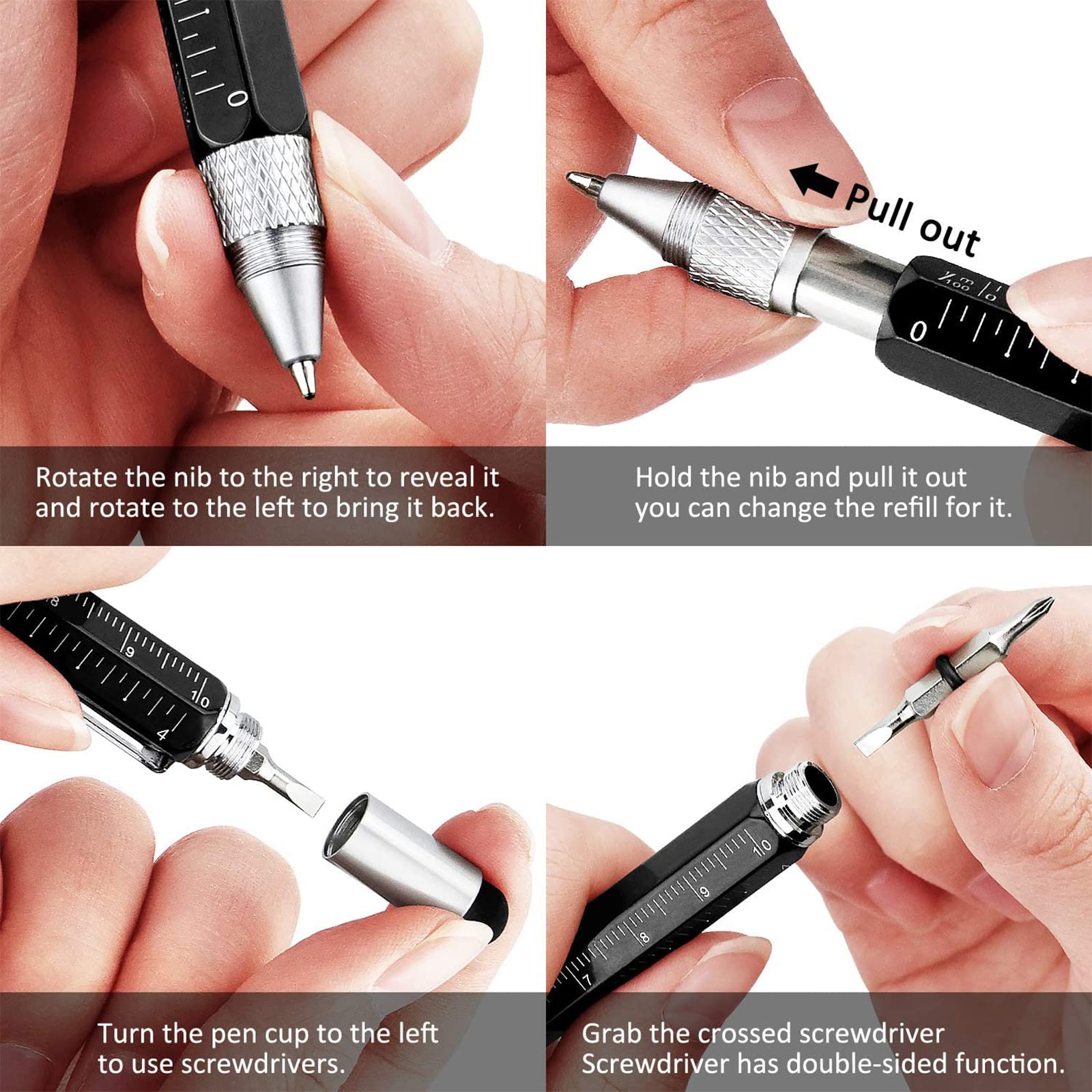 Shulaner Stylo outil multifonction 7 en 1 avec règle, décapsuleur, support de téléphone, stylo à bille, stylet et 2 tournevis Noir (1 pièce