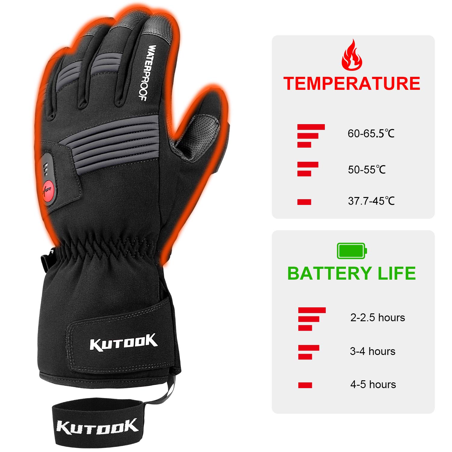 KUTOOK Beheizbare Handschuhe Wasserdicht Motorradhandschuhe Winter Skihandschuhe Schwarz 2.5-5 Stunden