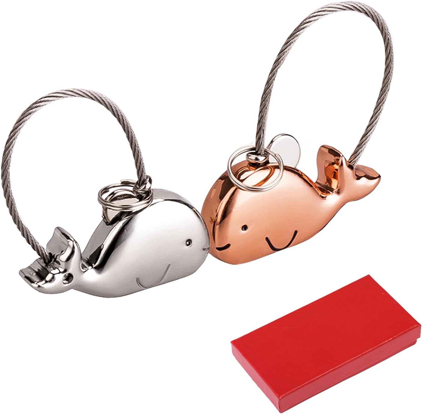 MEZOOM Keyrings, 1 Pair Couple Keychain Sweet Kissing Whale Key Rings for Boyfriend Girlfriend Valentine's Day Birthday Anniversary Gift (rose gold&silver)