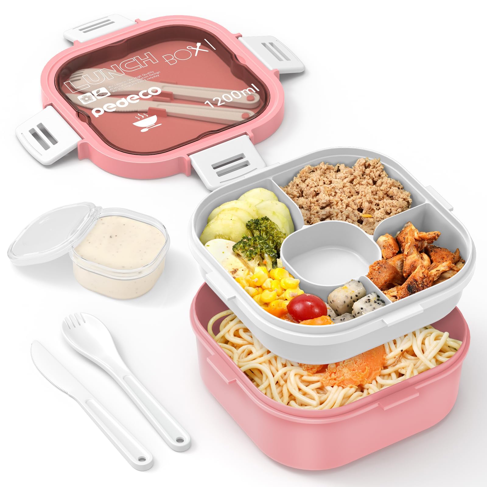 PEDECO All-in-One Salad Container - Large Salad Bowl, Bento Box Tray, Leak-Proof Sauce Container, Airtight Lid, & Fork Bento Box Adult Lunch Box for Women; BPA-Free (Pink)