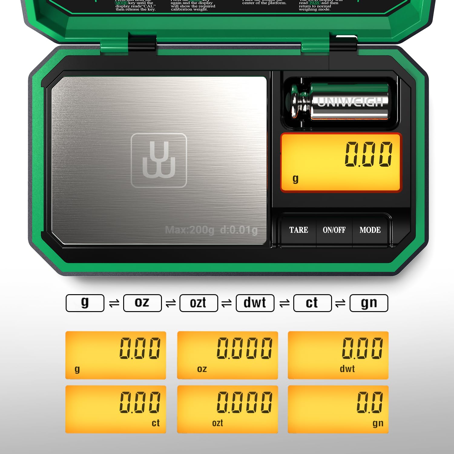 UNIWEIGH Bilancia digitale tascabile 200g/0,01g, mini scala alimentare con peso di calibrazione 50g, verde
