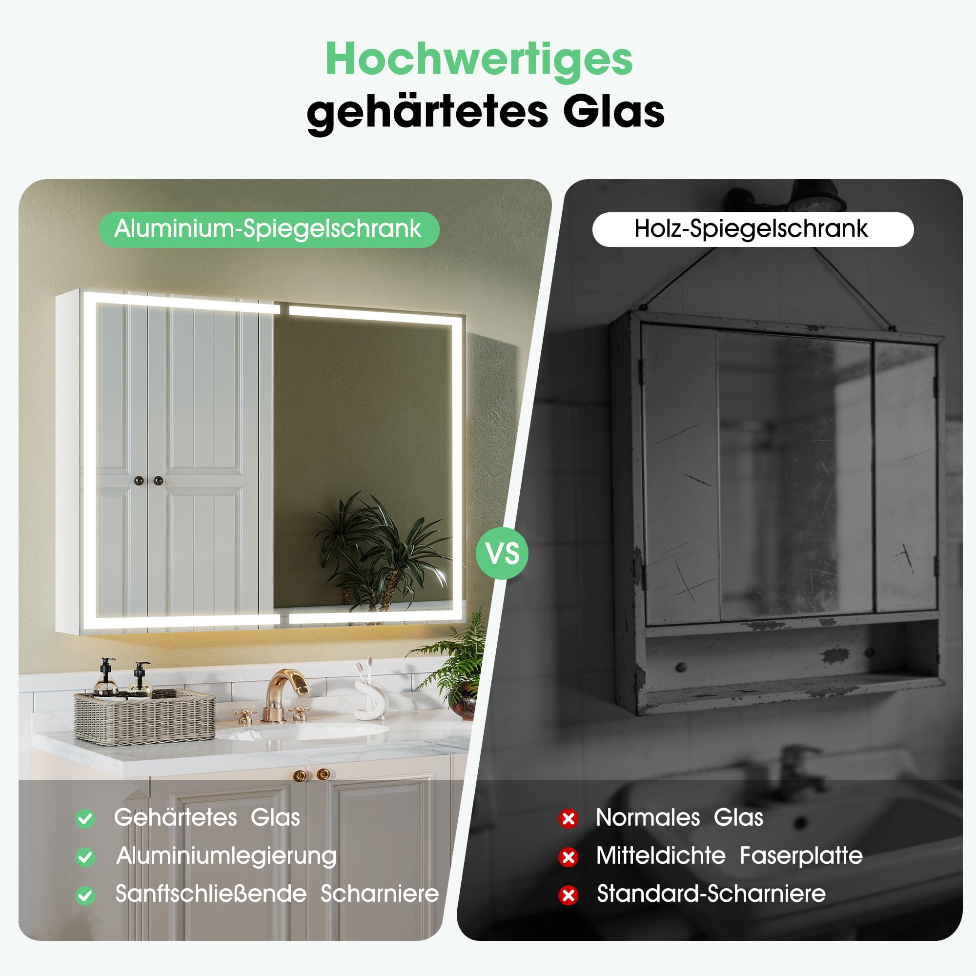 S'bagno Spiegelschrank Bad Mit Beleuchtung 60x80cm, Badezimmer Spiegelschrank, Aluminium Alibertschrank Bad, Entfoggen, 3 Farben, Dimmbar, Speicherfunktion, HD Gehärtetes Glas, IP44, Weiß