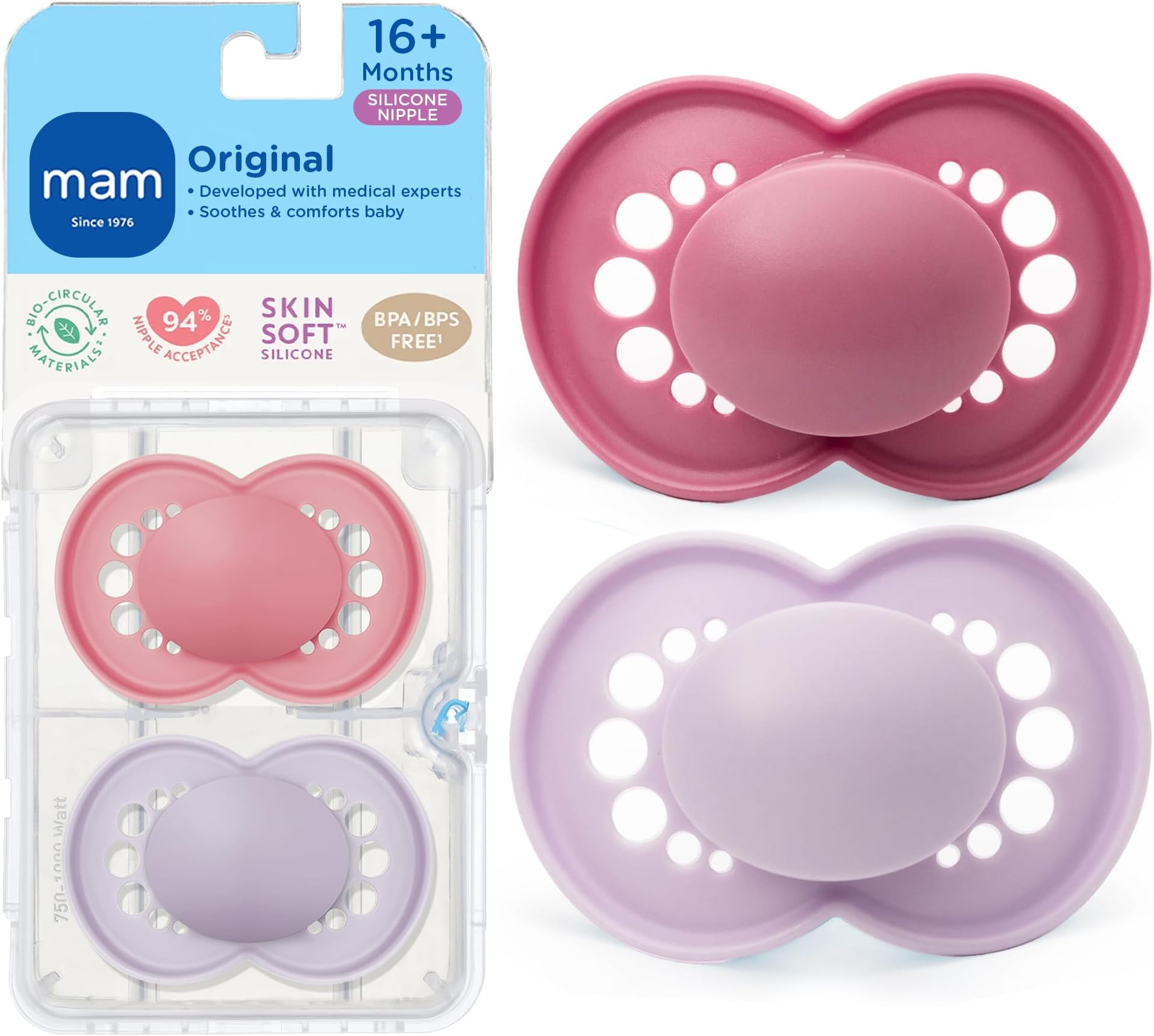 MAM Original Matte Pacifier (2 Pack, 1 Sterilizing Pacifier Case), Pacifiers 16 Plus Months, Baby Girl Pacifier, Best Pacifiers for Breastfed Babies, Sterilizing Storage Case