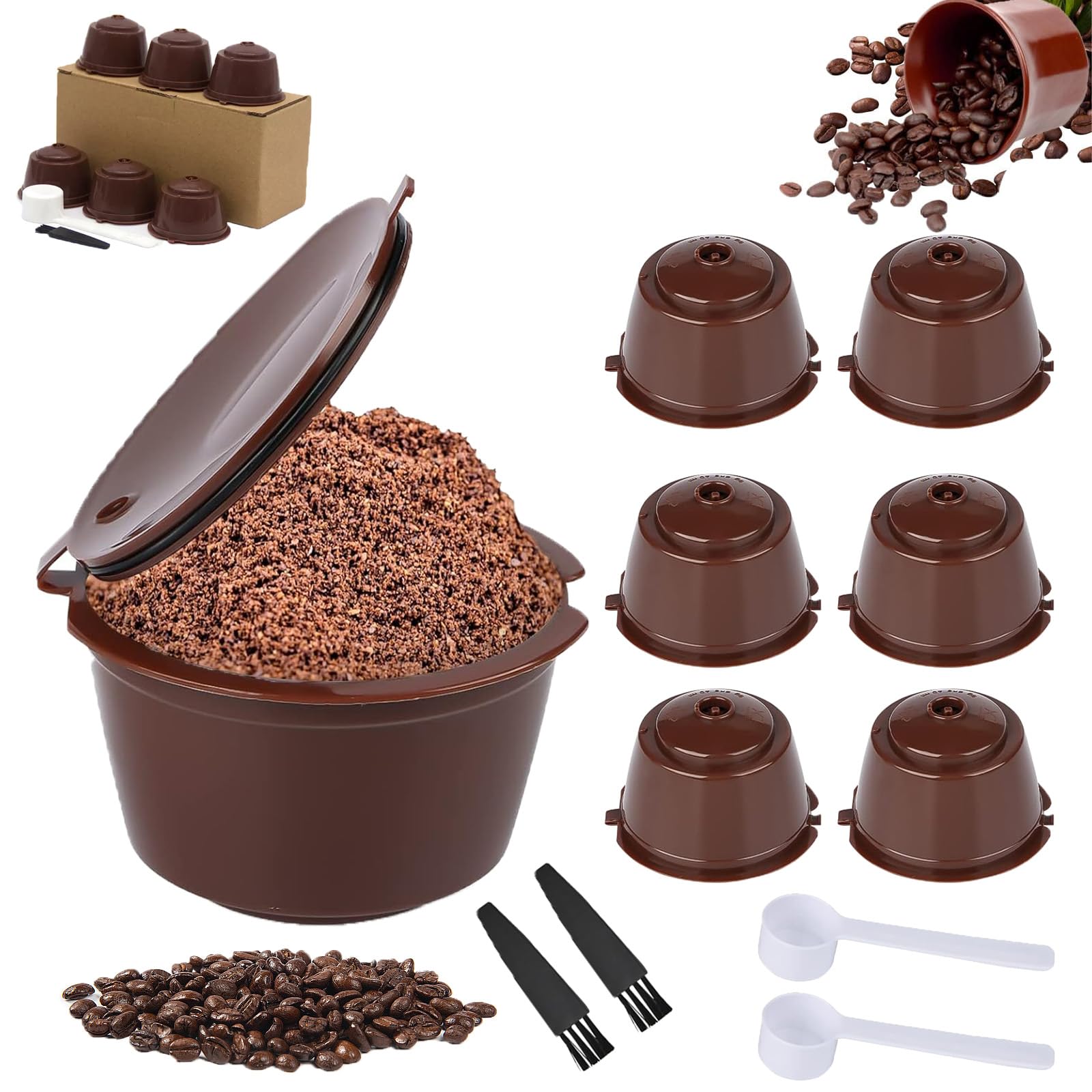 FISH DRAGATE 6 pcs cápsula de café reutilizable,recargables cápsulas cafe,con cuchara y cepillo,capsulas para filtros de cafetera dolce gustato,para cocina y oficina