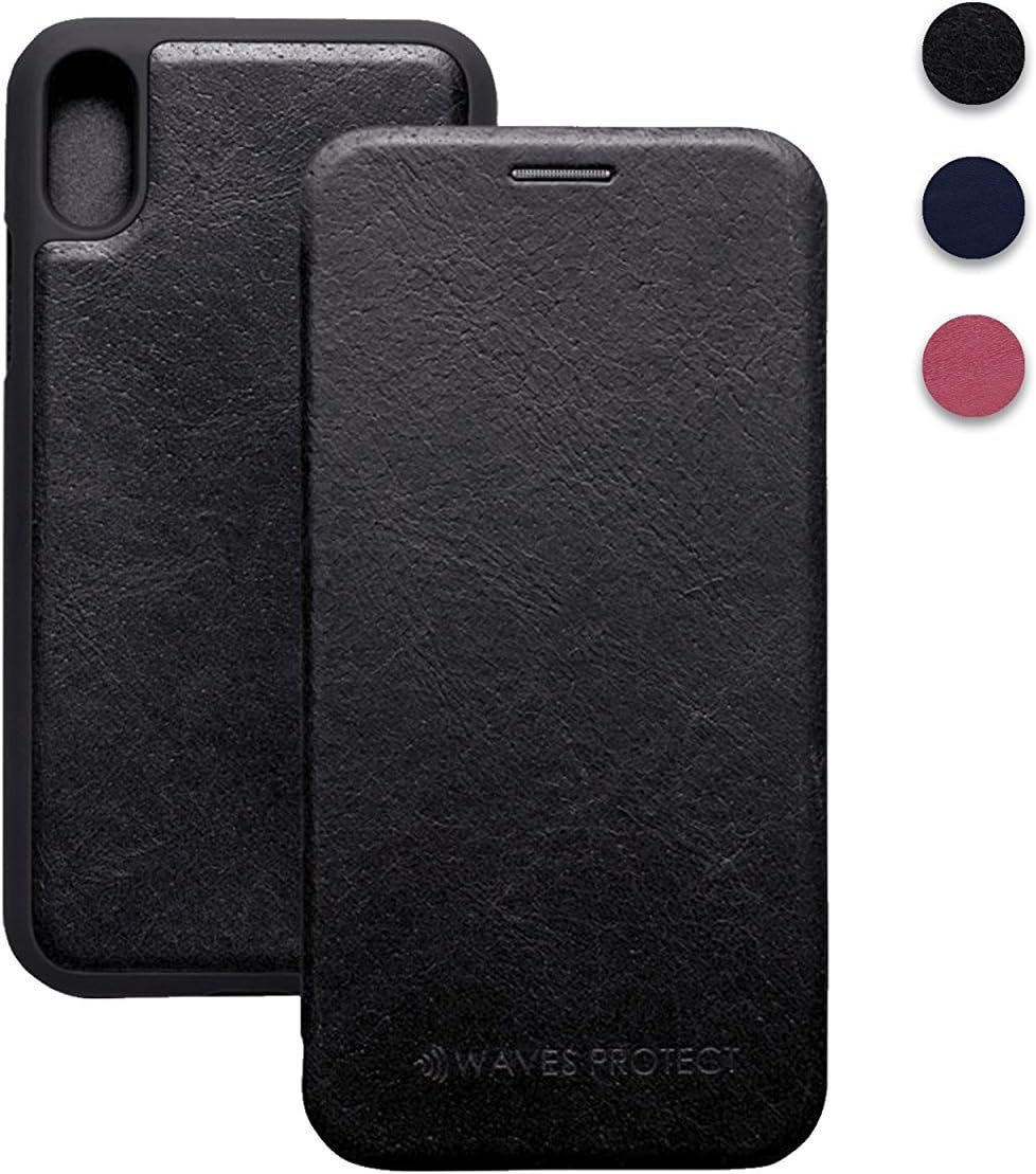 iPhone X 10 case Premium Leather flip Wallet Cell Phone Cover by Waves Protect Certified Anti-Radiation Protection (Black)