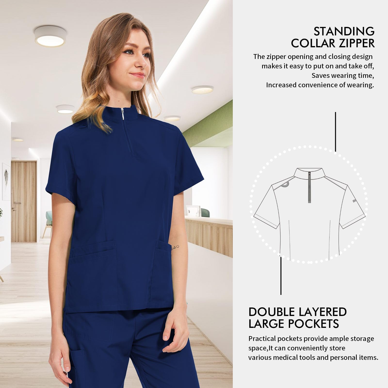 VIAOLI Women's Scrub Set Zipper Collar Top and Straight Pants Medical Uniform Nurses Scrubs for Women Sets Clearance (Navy Blue,M,Medium)