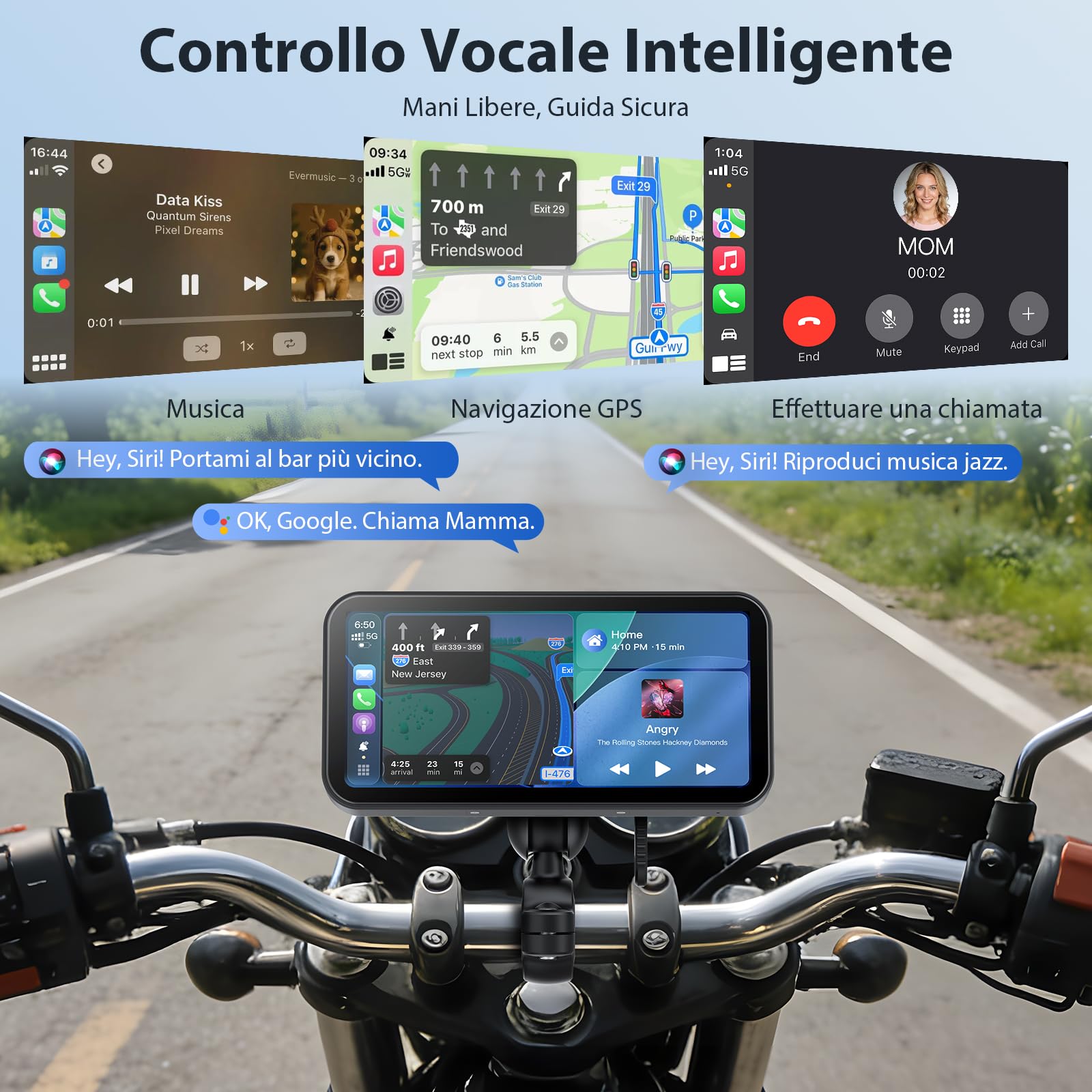 A622 CarPlay Moto Schermo 6,25 Pollici, CarPlay e Android Auto Wireless, Sistema di Monitoraggio Pressione Pneumatici (TPMS), Impermeabilità IP67, Doppio Bluetooth, GPS, Alimentazione USB/ACC