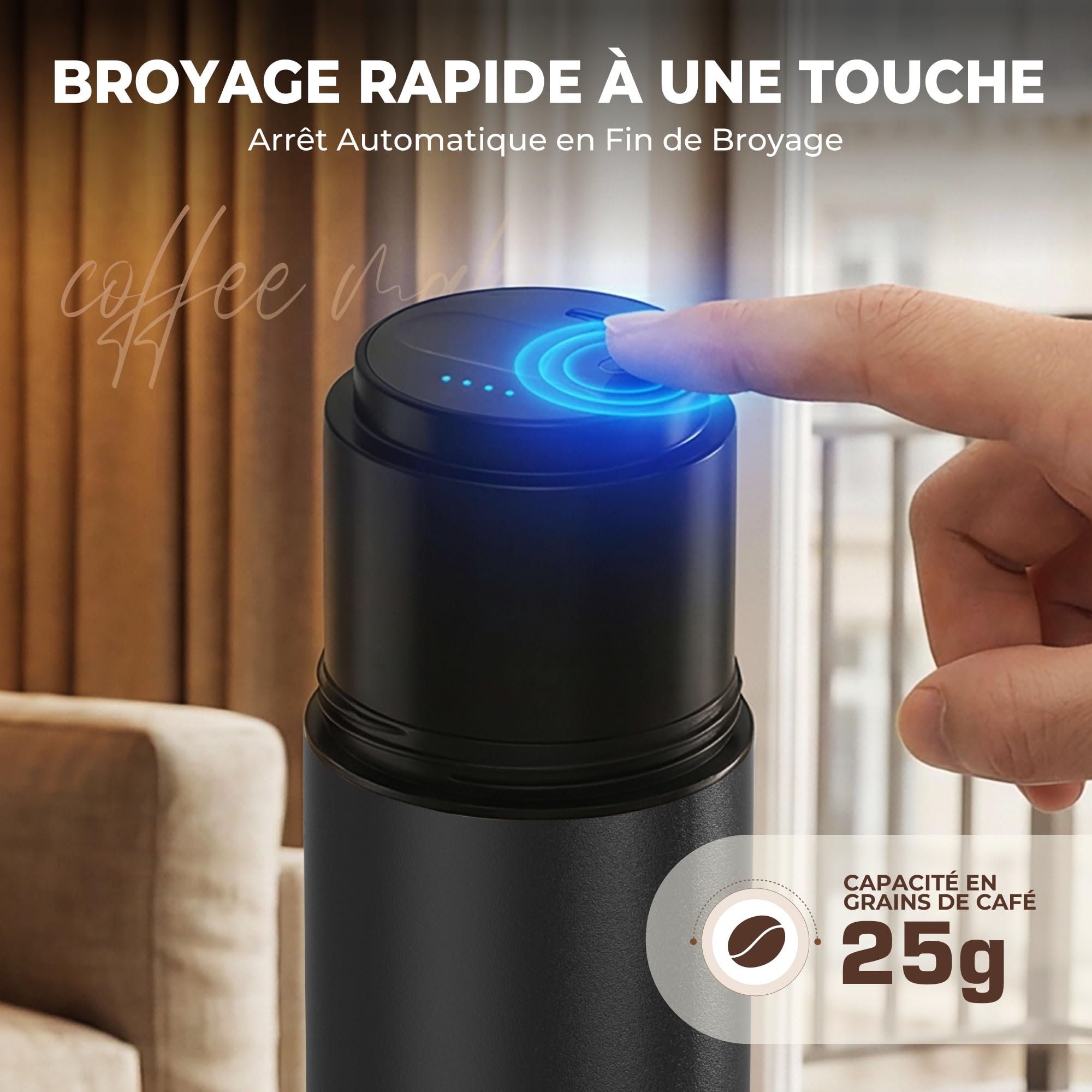 HAUSHOF Machine à Café Portable Pour-Over Tout-en-Un | Moulin Intégré, Mug Isotherme Indépendant 400 ml, Sans Fil, 4-en-1 Grind & Brew, Idéale pour Voyage et Camping, Noir
