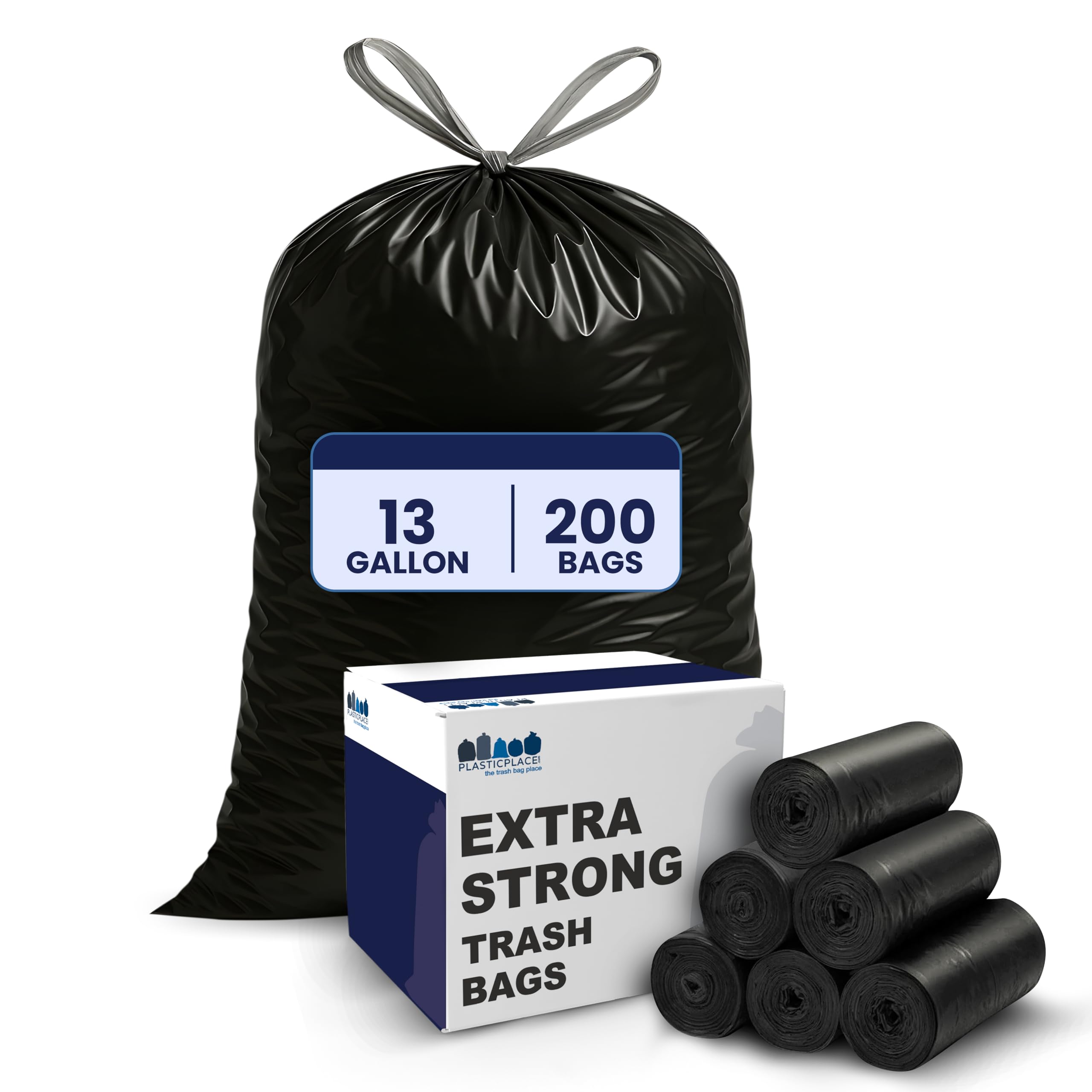 Plasticplace 13 gallon Extra Tall Drawstring Kitchen Trash Bags | Black 1.2 Mil, 24"W x 31"H (200Count)