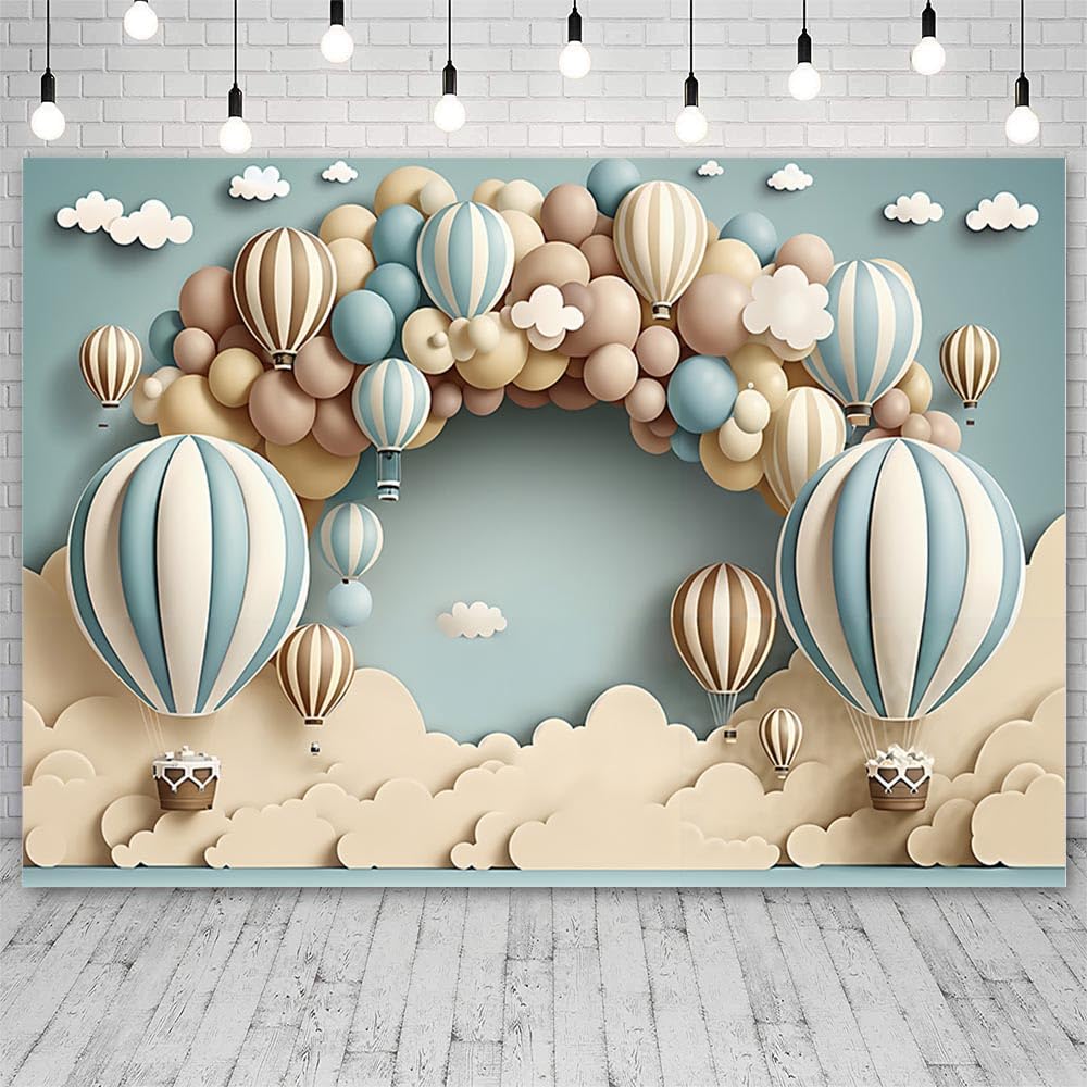AIBIIN Balon na gorące powietrze tło fotograficzne niebieskie niebo chmury sesja zdjęciowa tło noworodka baby shower ciasto rozbić dekoracja studio rekwizyty 3 x 2 m