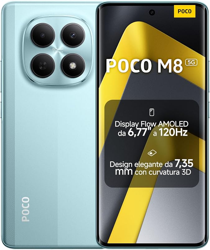 XIAOMI POCO M8 5G, Smartphone 8+256GB, AMOLED FIoW Display 6.77" 120Hz, Snapdragon® 6 Gen 3, Dual AI 50MP Camera, 7.35mm 3D Curved Design, Green, 2 Year Warranty, Charger Not Included