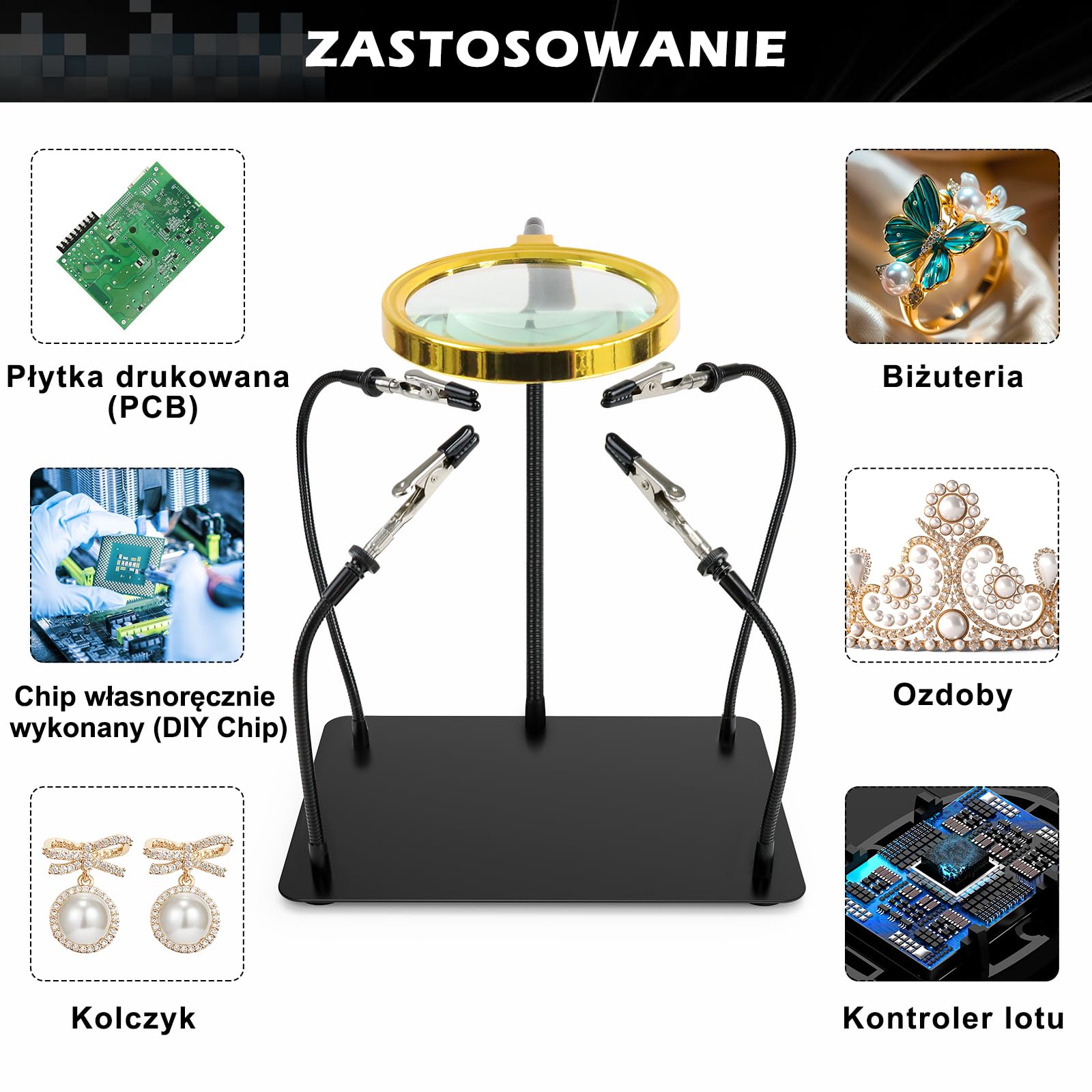 Trzecia Ręka do Lutowania 3x Lupa, Akcesoria do Modelarstwa, tonhui Lut-Uchwyt Płytki Drukowanych Narzędzie, Cztery Ramiona Trzecia Ręka Rękodzieło Biżuteria Hobby Warsztat Stacja Pomocy