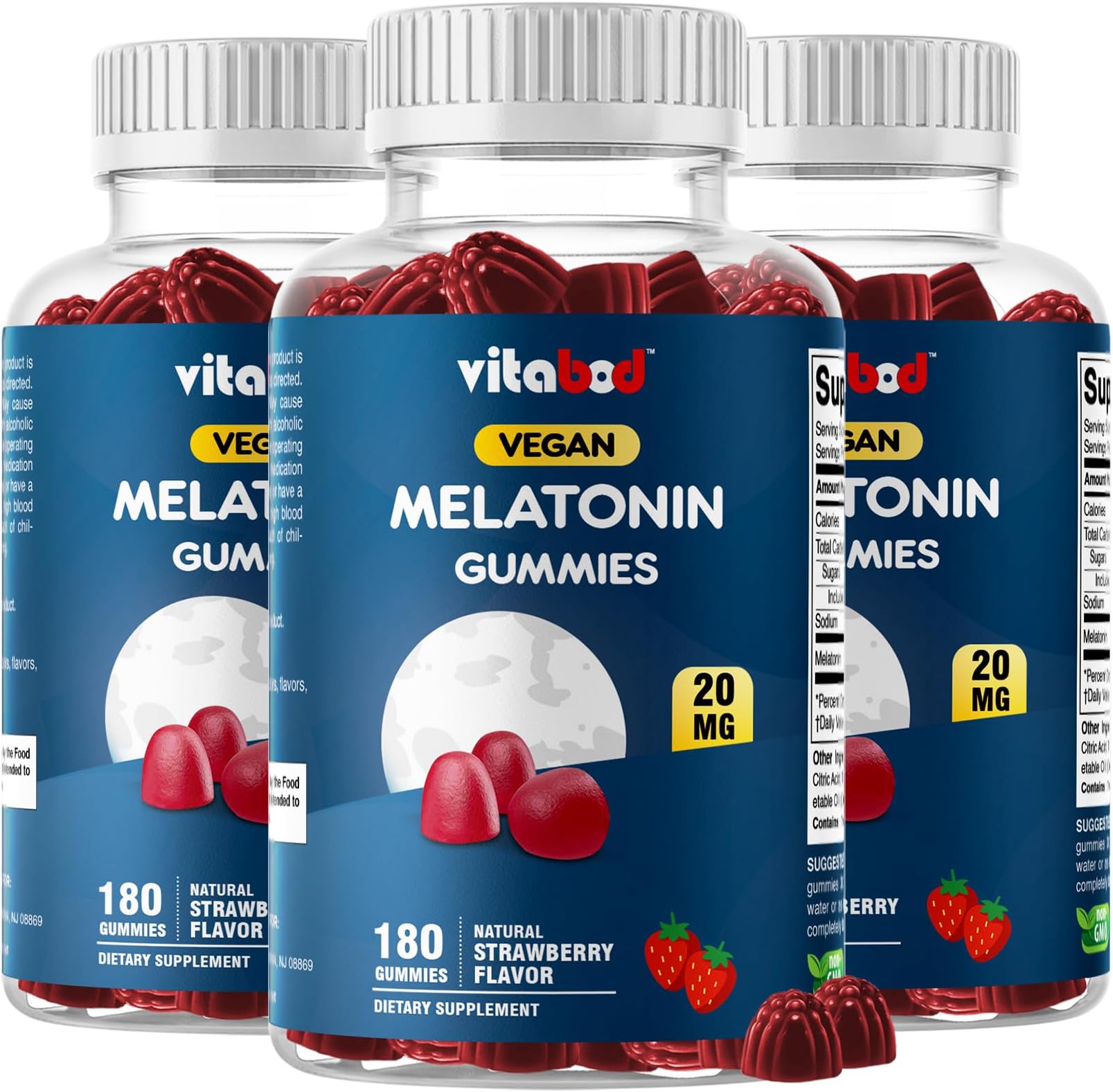 Vitabod Melatonin 20mg Gummies - 180 Count - Drug Free - Natural Strawberry Flavor - Vegetarian, Non-GMO, Gluten Free (3 Bottles)