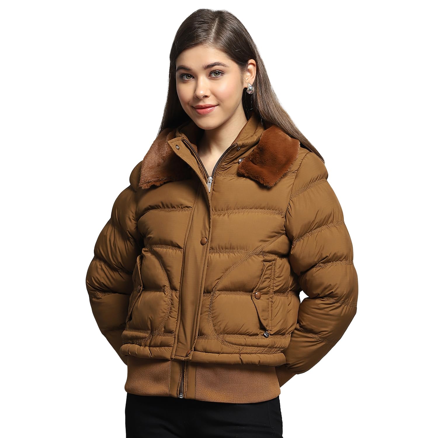 Womens Self Design Tan Collar Neck Full Sleeve Jacket