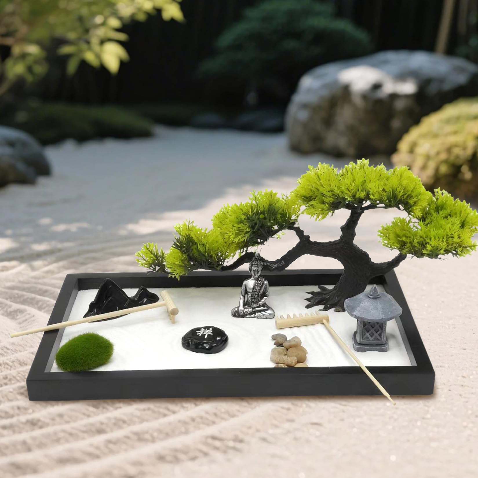 Giardino zen da tavolo in miniatura 12x8 pollici Contiene Statua Barra di spinta Sabbia Vassoio Pietre ecc Per la decorazione fai da te a casa o in ufficio come regali di meditazione